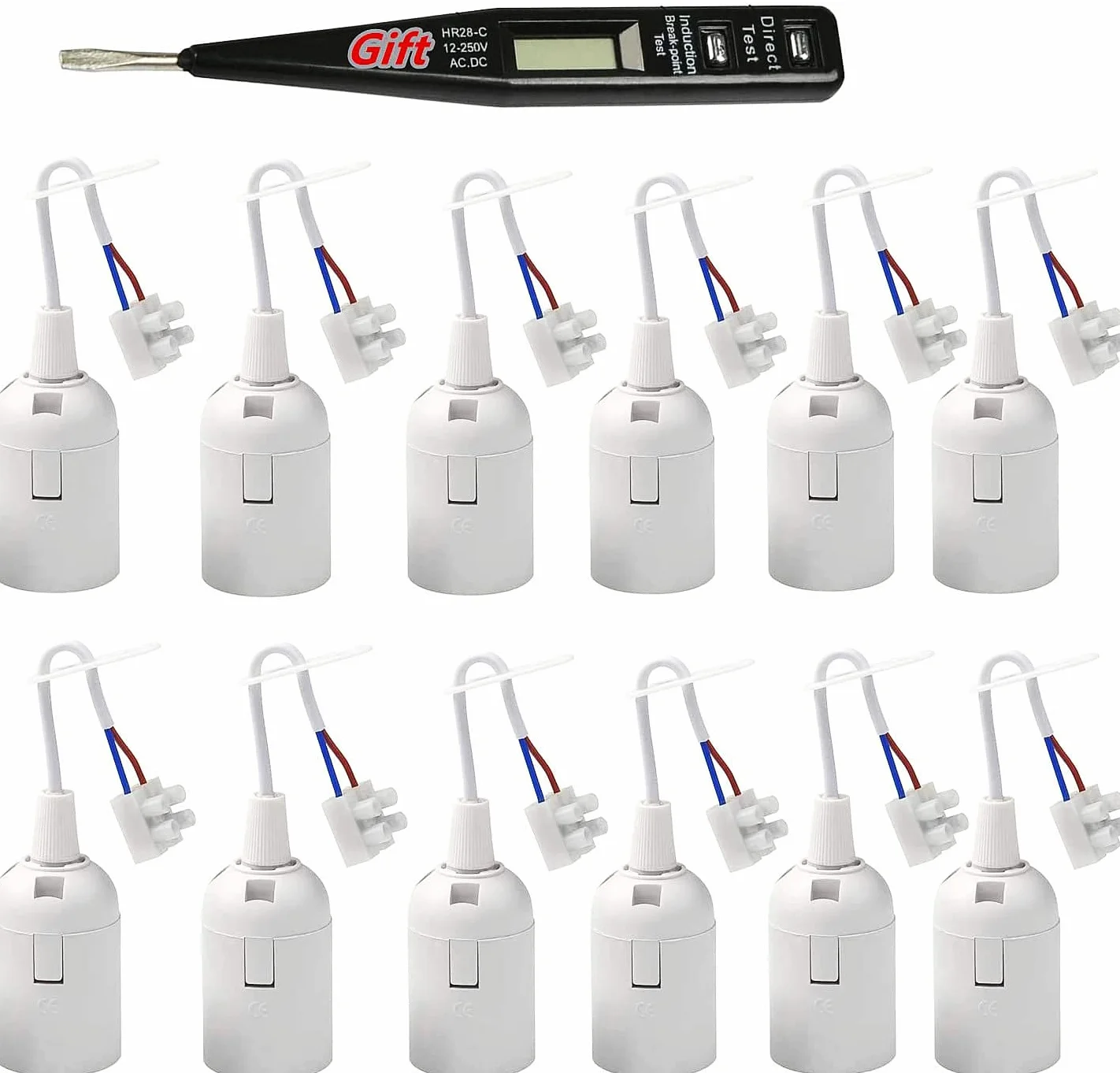 12 Piezas Casquillos E27, Portalámparas Adaptador de Bombillas, Probador de Voltaje, Soportes de Lámpara con Cable y Terminal