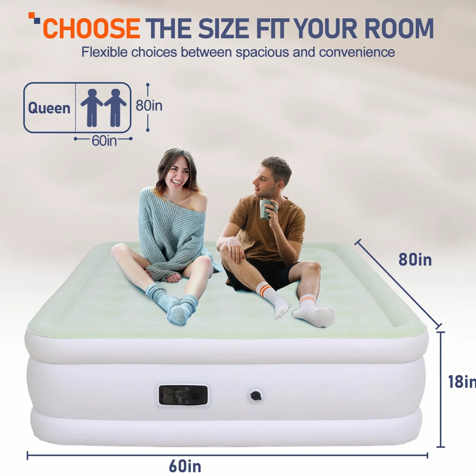 Colchón de aire tamaño Queen con bomba integrada, colchón inflable de 18 pulgadas, verde y blanco