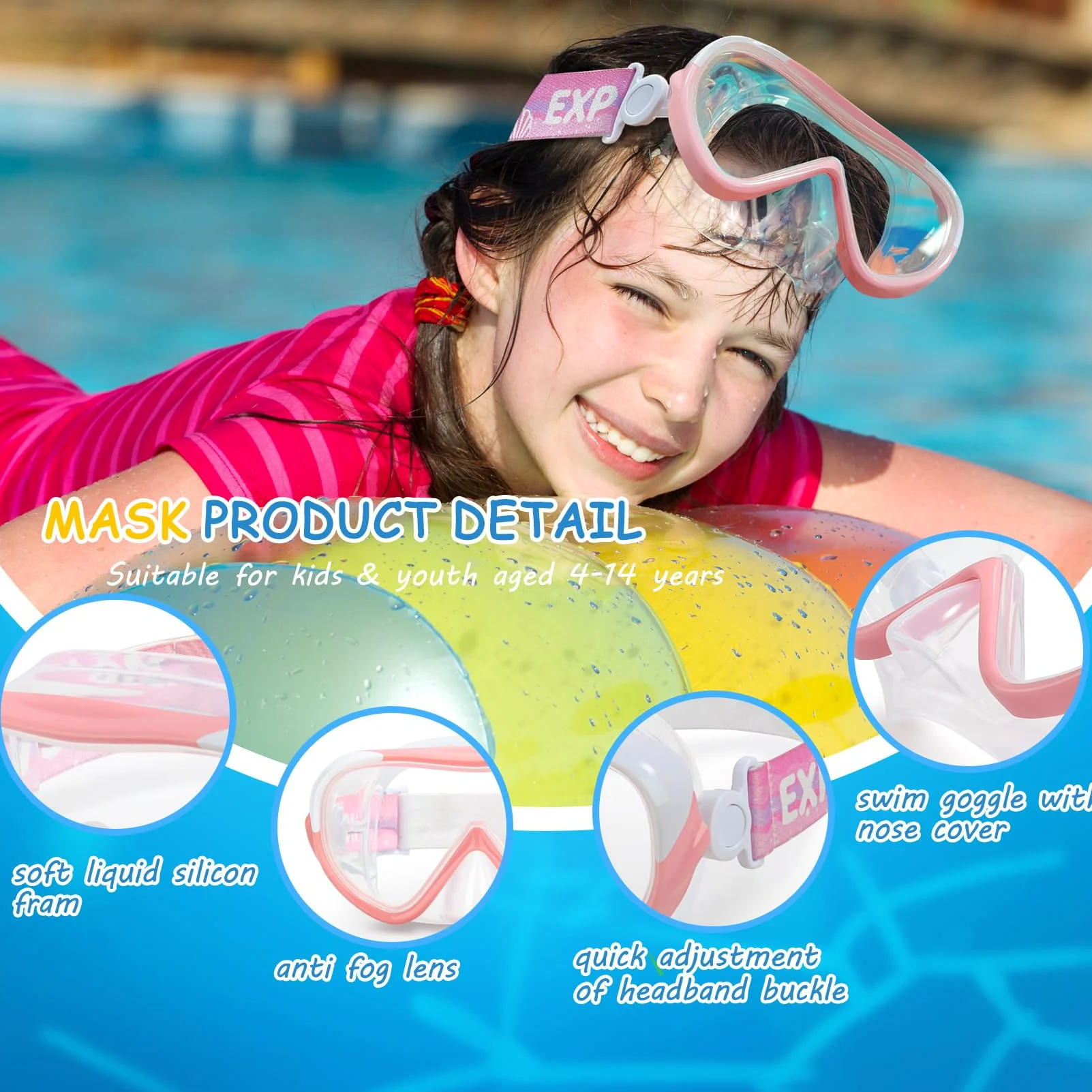 Máscara de natación para niños, gafas de natación de 180°, antivaho, a prueba de fugas, con cubierta para la nariz y correa de tela para niños de 4 a 14 años, para natación, esnórquel y buceo