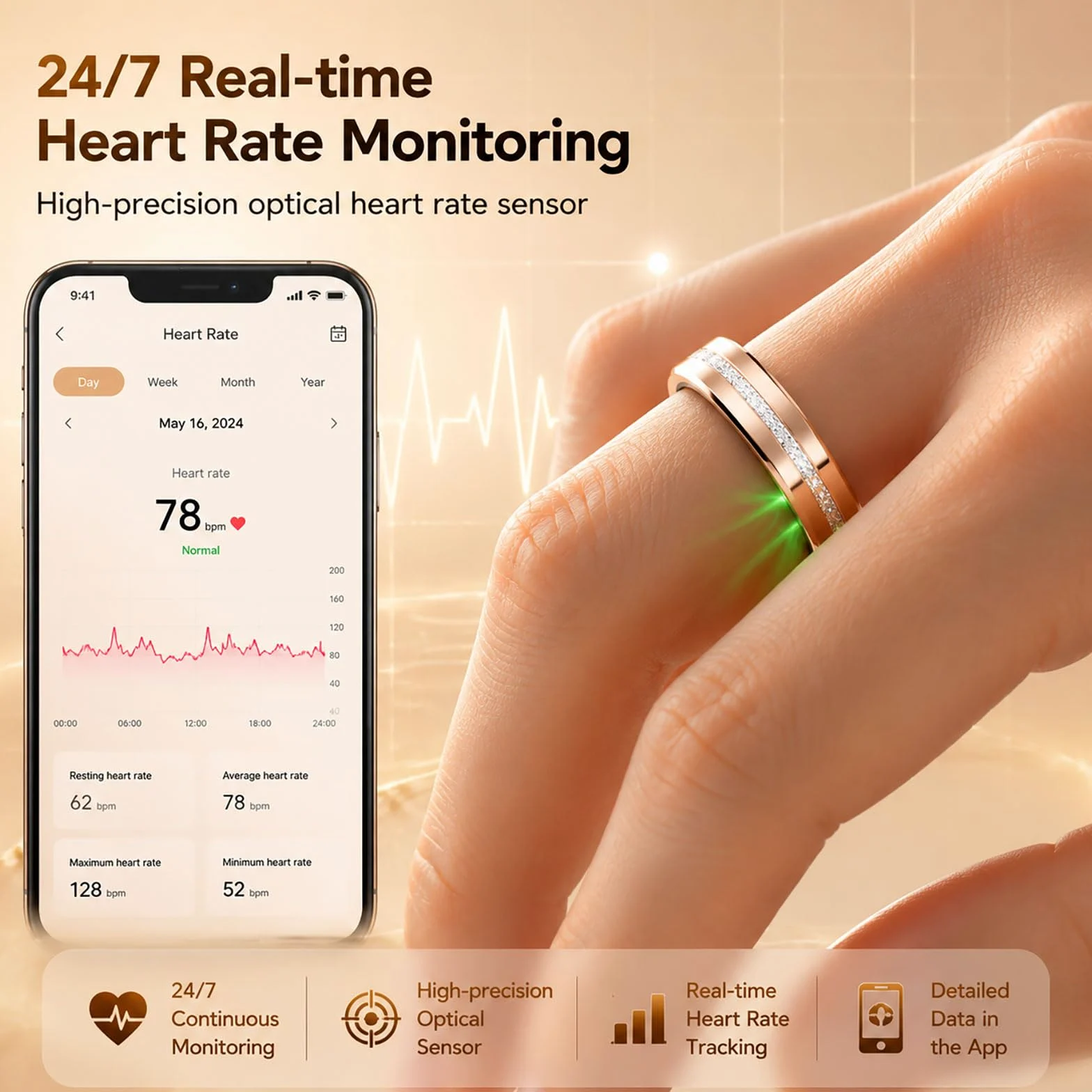 Anillo inteligente de fitness para mujer, anillo de diamante, rastreador de actividad, monitor de frecuencia cardíaca, rastreador de sueño, anillos inteligentes, podómetro, contador de pasos, contador