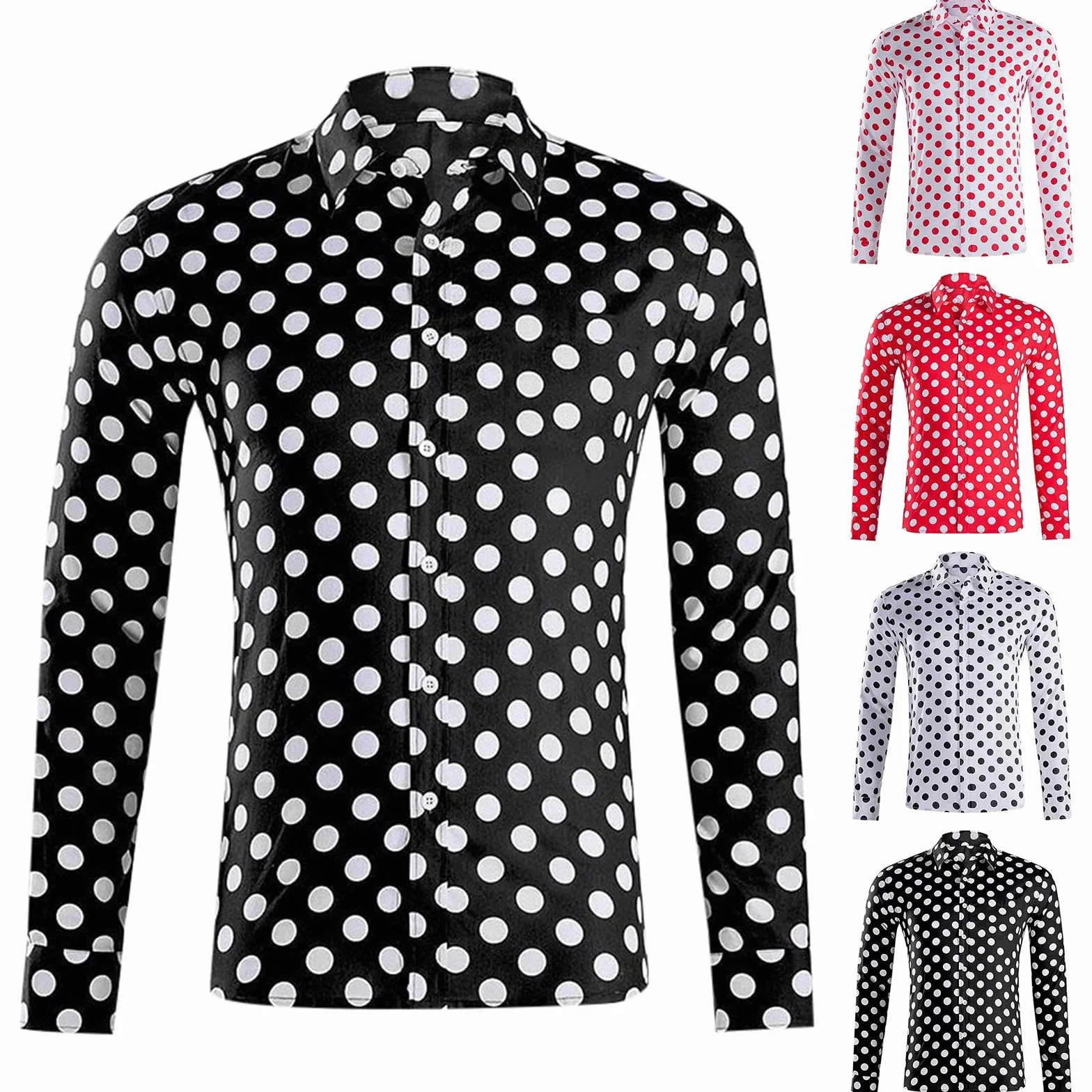 Camisetas para hombre de manga larga con botones de lunares, camisa retro cuello abotonado, estampado de puntos, camisa de negocios, corte ajustado