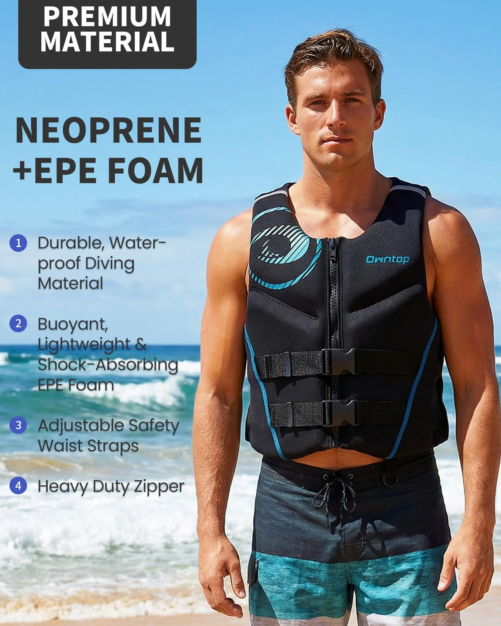 Owntop Ayuda a la Flotabilidad para Adultos | Chaleco de Natación de Neopreno Ligero | Chaleco de Flotabilidad Plegable con Doble Correa de Ajuste para Kayak, Paddle y Navegación