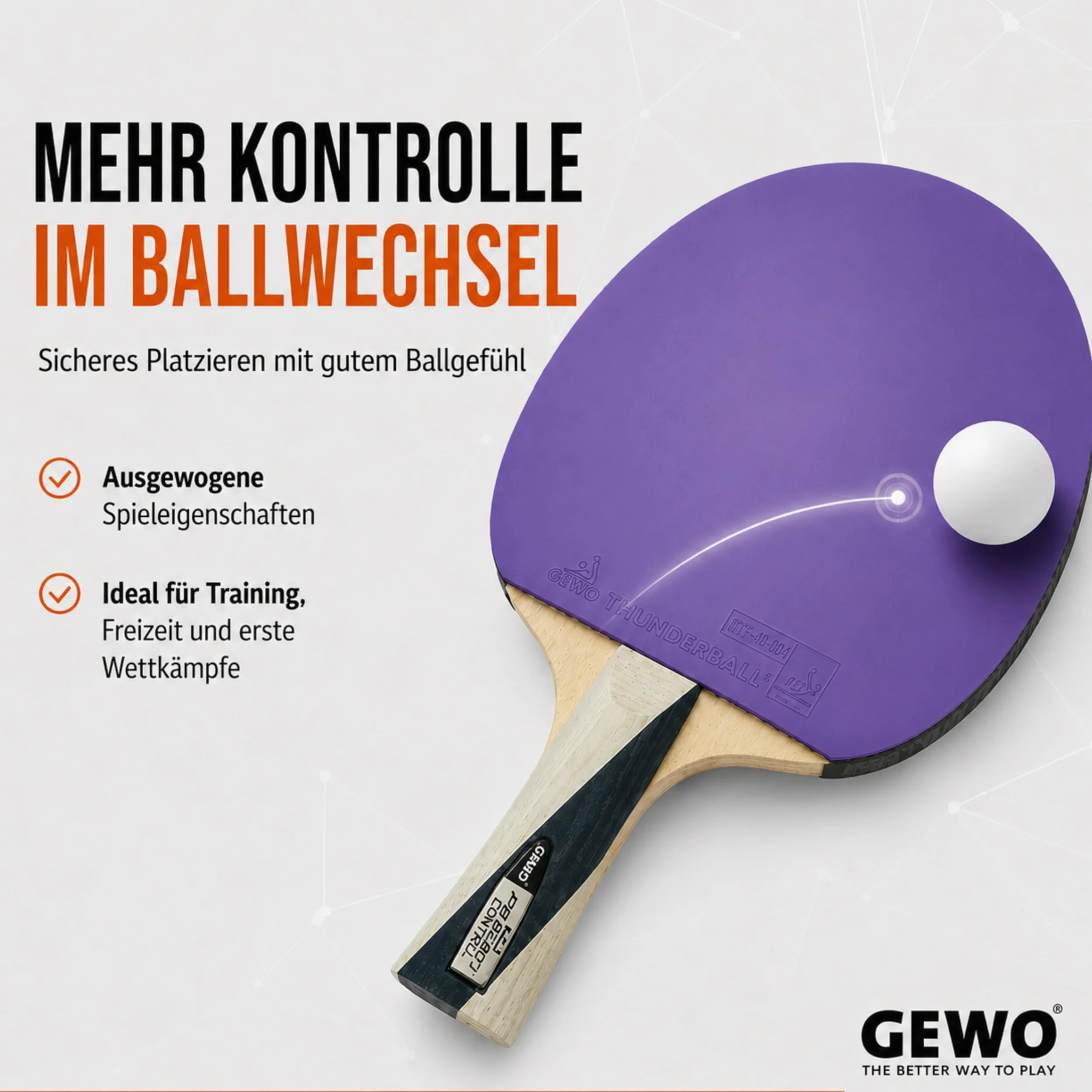 GEWO PS Blast Control - Raqueta de Ping Pong de Mesa Profesional aprobada por la ITTF con Revestimiento Thunderball 2 controlado y Altas propiedades de rotación, cóncava, Esponja de 1,8 mm