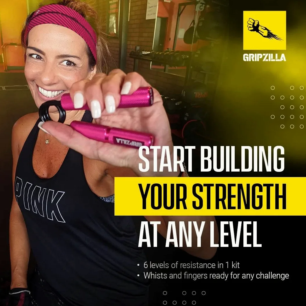 GRIPZILLA Entrenador de fuerza de agarre de 50 a 300 libras, paquete de 6, rosa, plata, azul, rojo, amarillo y negro