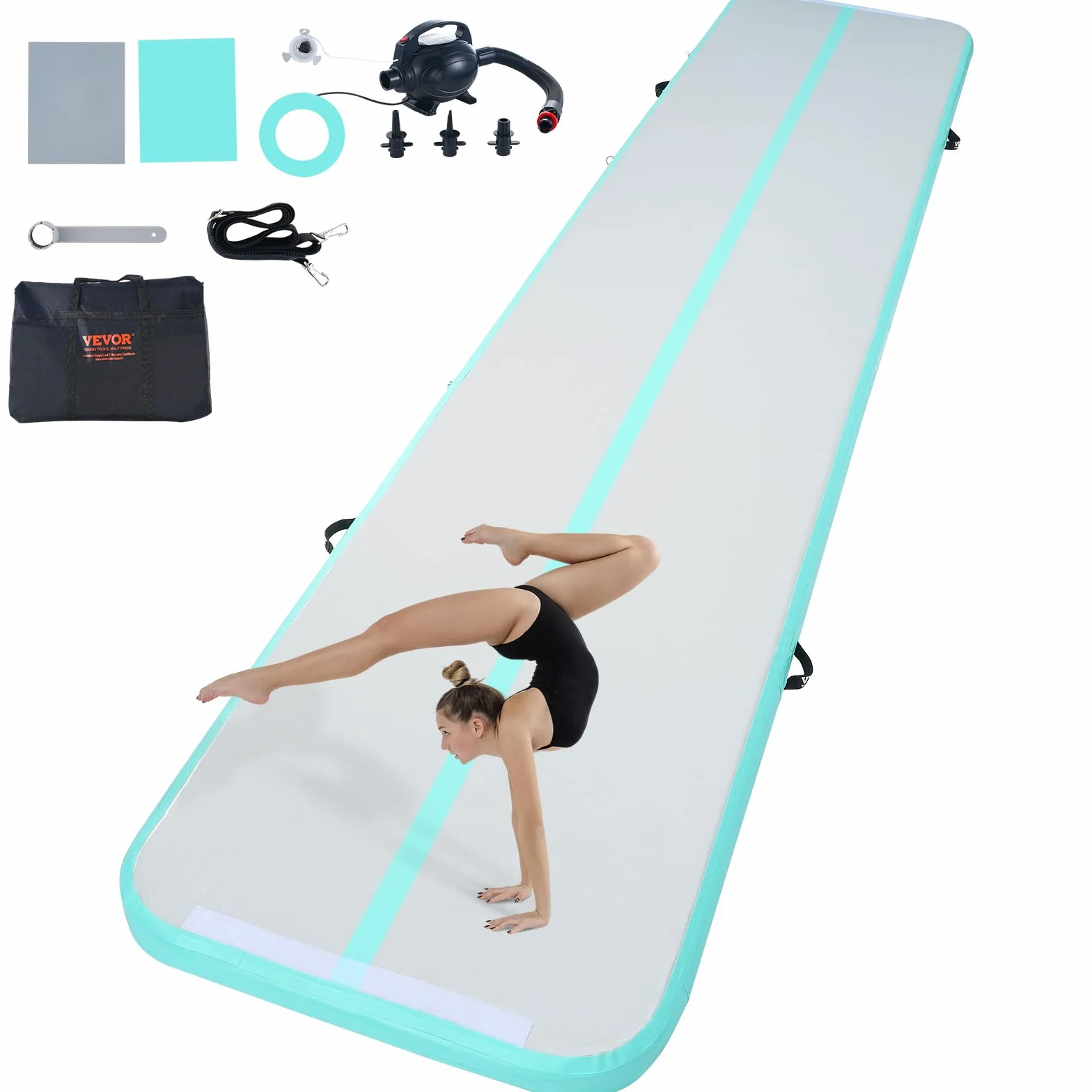 VEVOR Tapete Inflable de Gimnasia 4 Pulgadas con Bomba Eléctrica 16 Pies Verde Menta