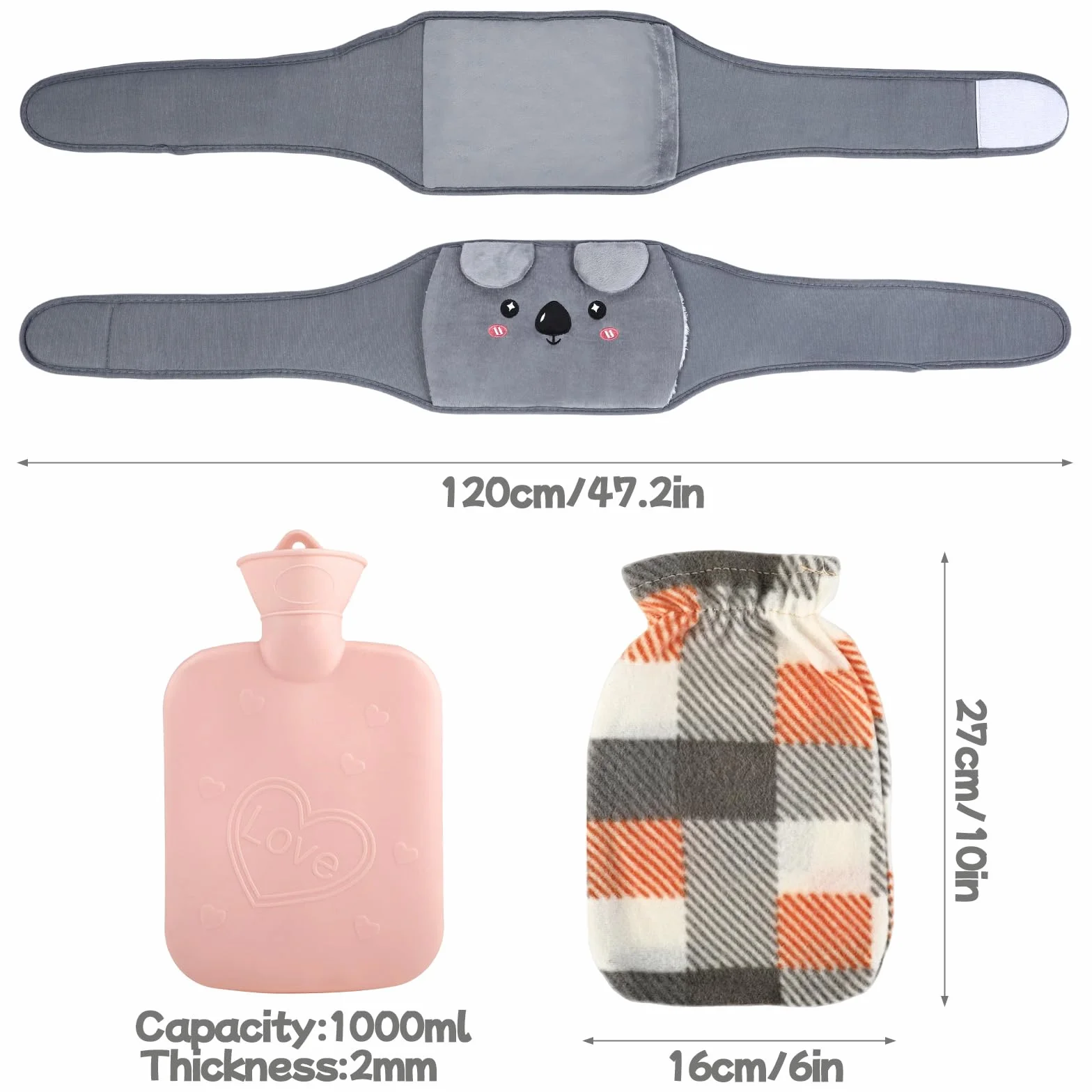 Bolsa de agua caliente Koala 1L 120cm con funda y cinturón lumbar