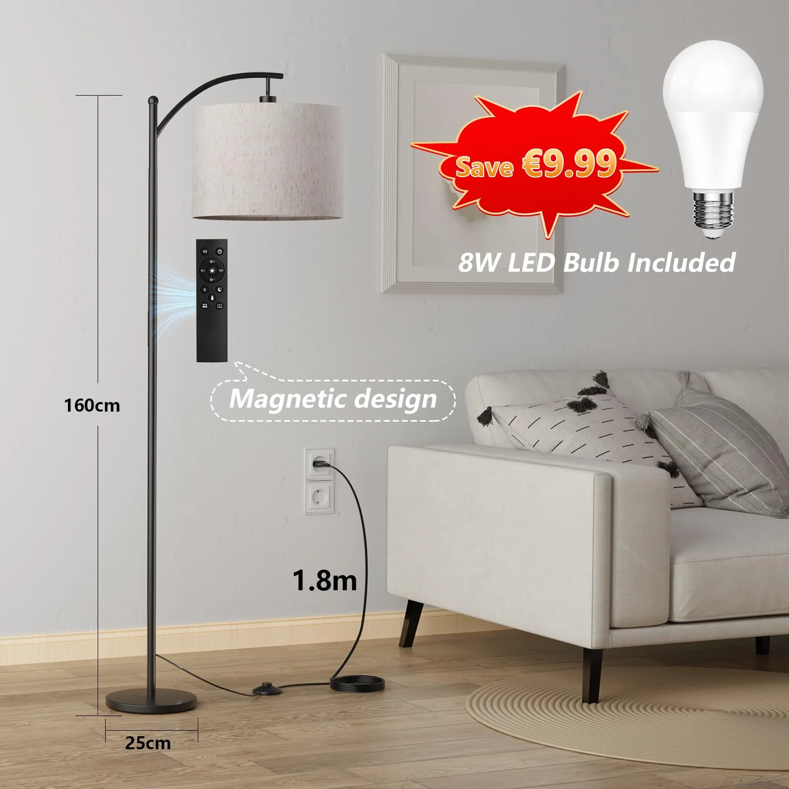 Lampara de Pie con Control Remoto, Pantalla de Lino, Atenuación Continua, Bombilla LED E27 6W