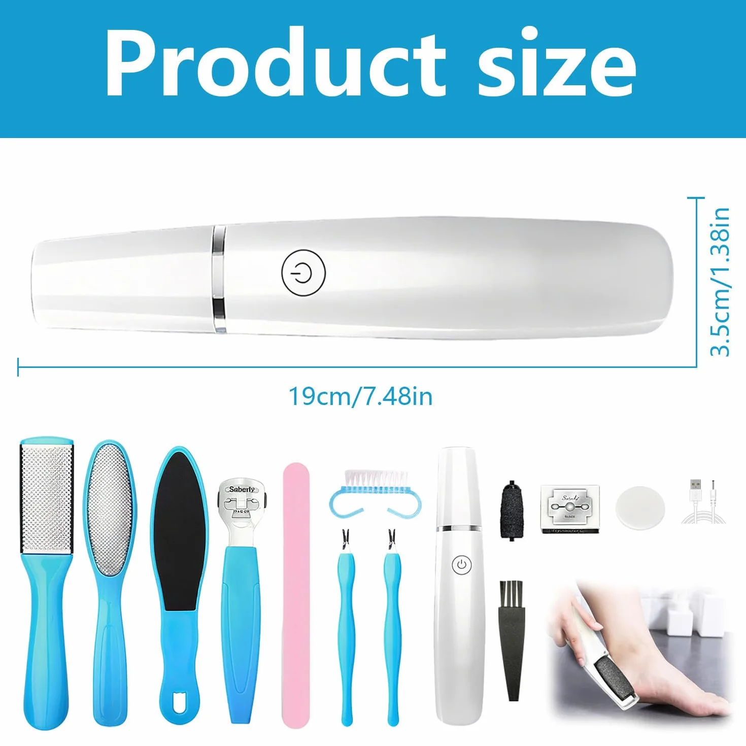 Lima Eléctrica Pedicura Profesional, Recargable con 2 Rodillos de Recambio, para Pies Callos
