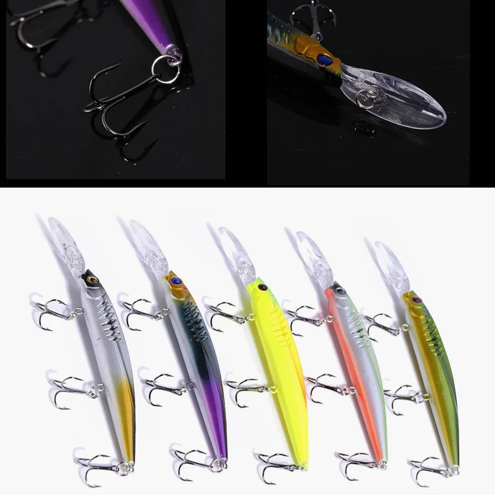 Señuelos de Pesca Blandos, 5PCS Señuelos de Pesca de plástico ABS Cebos Crankbaits hundidos con Ojos 3D Tres anzuelos triples for Agua Dulce Señuelos de Agua Salada Pesca en el océano