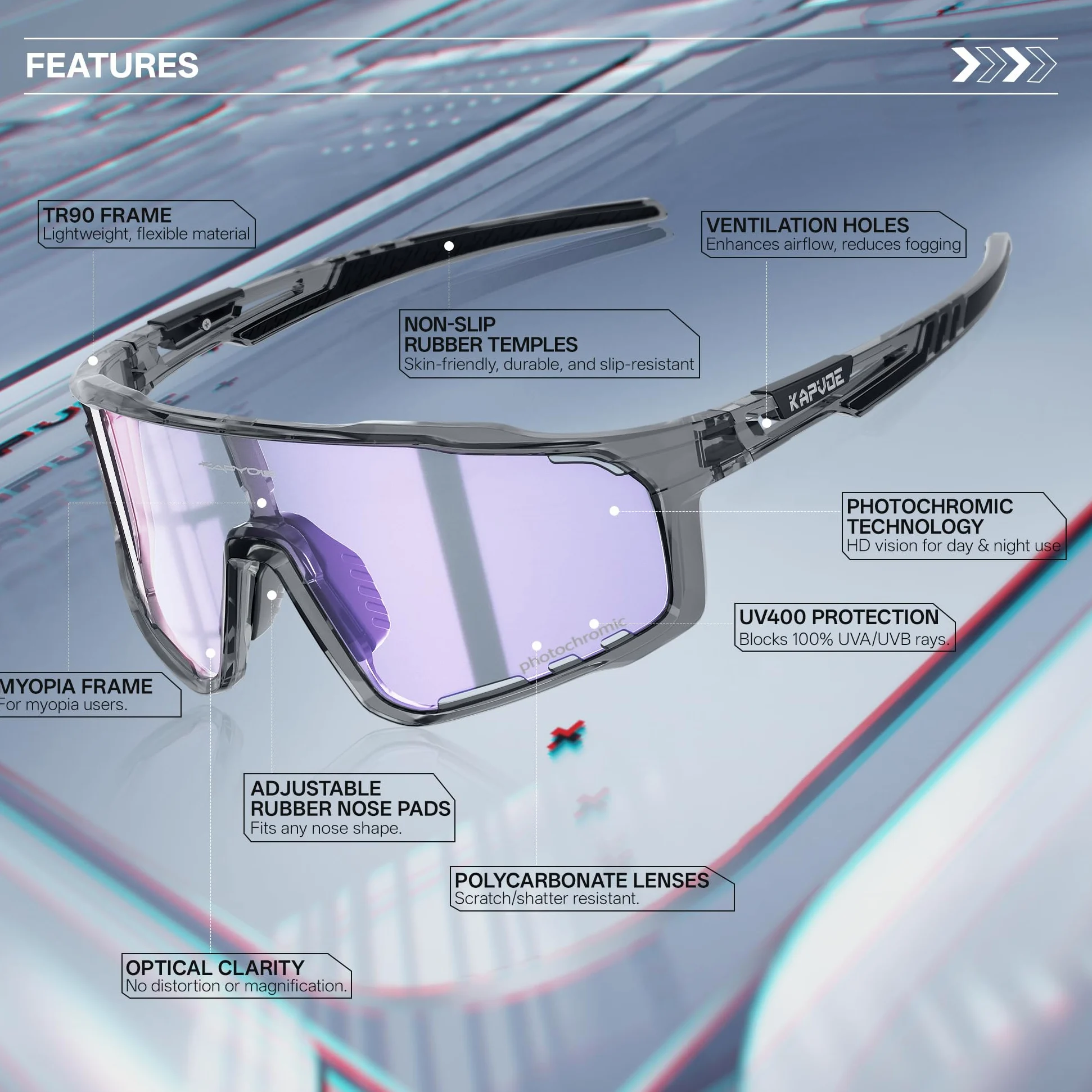 KAPVOE Gafas de Ciclismo Hombre Mujer K76 | Montura TR90, almohadilla nasal ajustable para ciclismo.