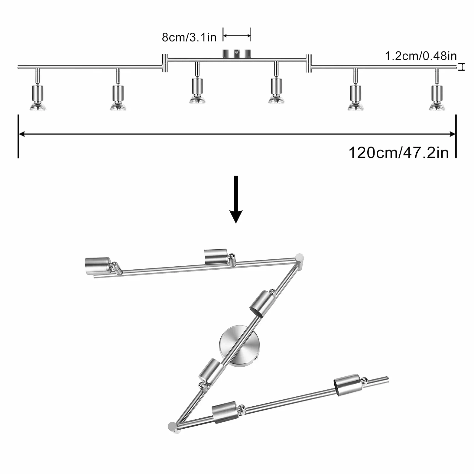 wowatt Lámpara de techo LED Plafón con Focos Giratorios 6x Spot GU10 5W 230V 2800K Blanco cálido 420lm IP20 Níquel Mate