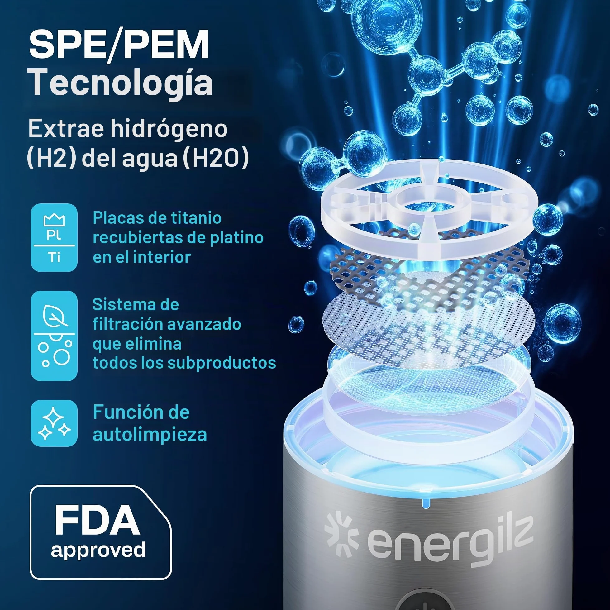 Botella de agua de hidrógeno | Generador de botella de agua de hidrógeno grande de 480 ml, 3000 ppb, máquina de hidrogenación, generador ionizador hidrogenado SPE/PEM (acero con negro)
