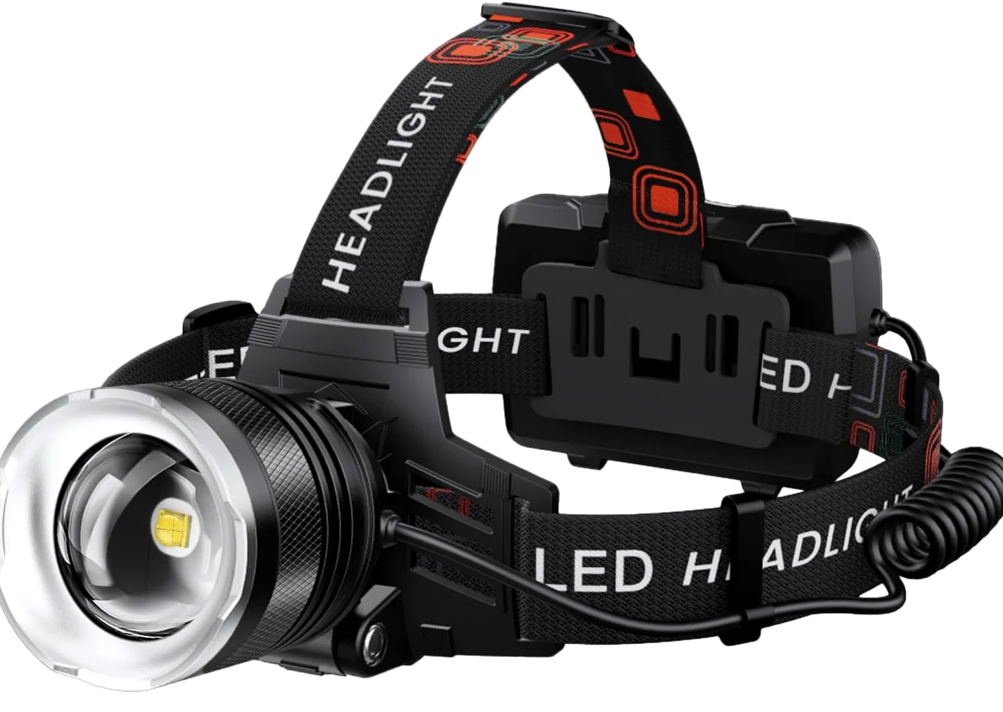 AMAKER Linterna frontal LED recargable, 9000 mAh de batería larga con 5 modos, IPX7 impermeable recargable por USB, linterna frontal con zoom para adultos, 90° ajustable para camping, caza, escalada