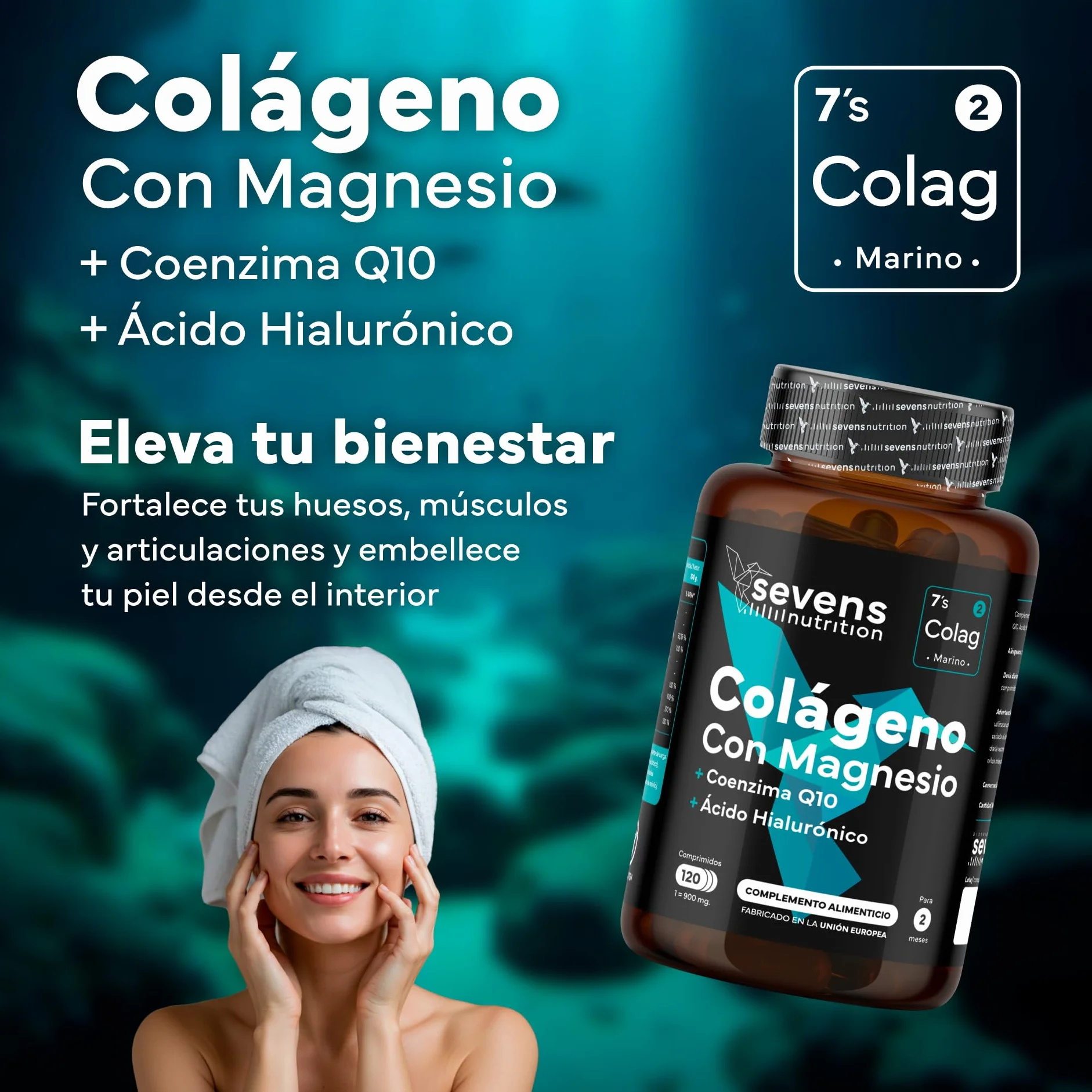Sevens Colágeno Hidrolizado Puro con Magnesio, Ácido Hialurónico y Coenzima Q10 - 120 Cápsulas