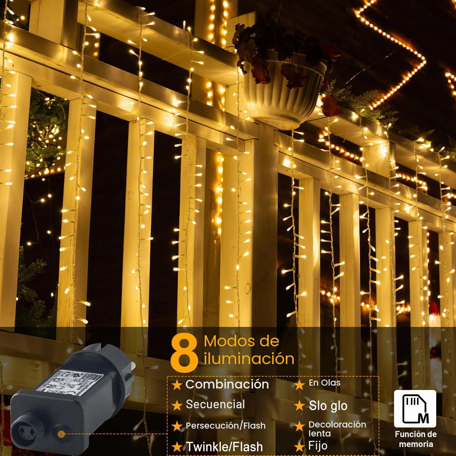 Quntis Luces Navidad Exterior 100M 1000LEDs Blanco Cálido IP44 8 Modos Función Memoria Cadena Luz Decoración