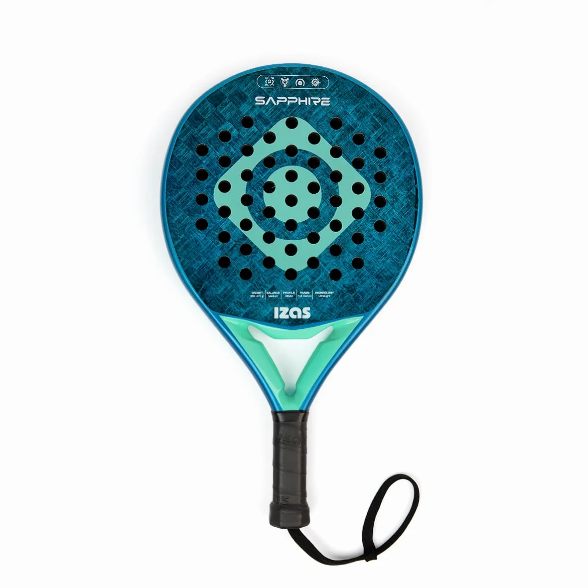 IZAS Sapphire Pala de Padel Ultra Ligera de Fibra de Carbono con Forma Lágrima. Pala 38mm de Diseño Ergonómico para Equilibrio Potencia y Control. Raqueta Unisex 365g