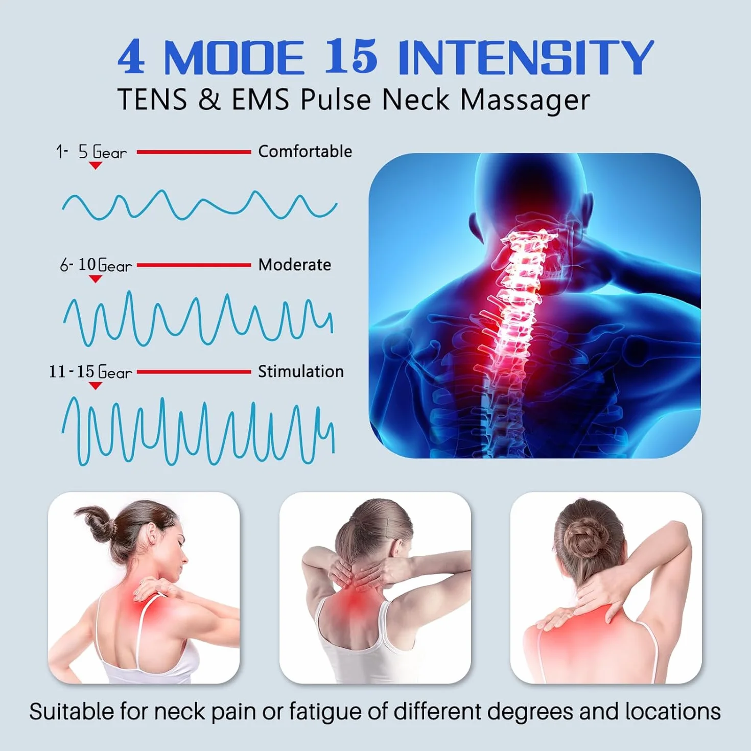 Masajeador Cuello Cervical Eléctrico Portátil, 3 Niveles Calefacción, 4 Modos Masaje, 15 Niveles Intensidad