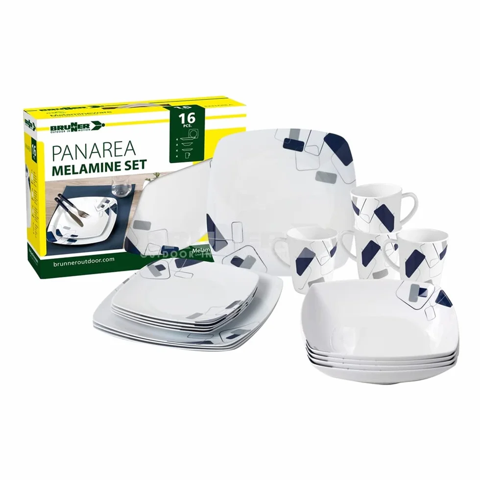 BRUNNER Juego de vajilla de camping (juego de 16 piezas) para 4 personas – Melamine Set Panarea – de melamina de alta calidad, antideslizante y resistente