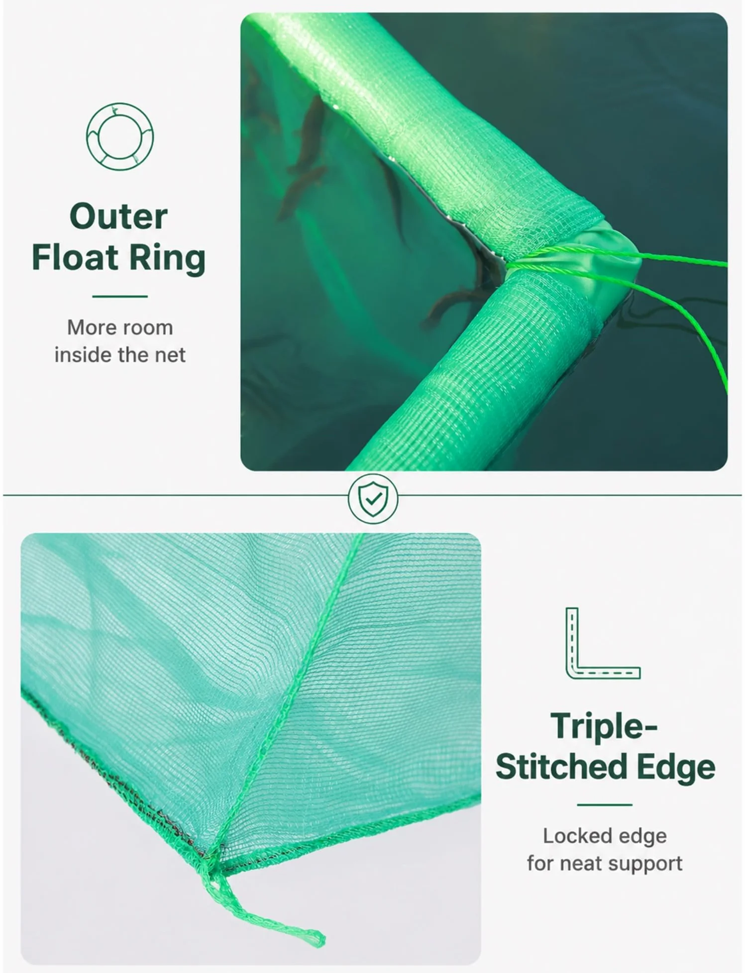 Red Flotante Cubierta para Peces Vivos con Tubo Flotador de 50 mm | Malla verde de 3 mm; marco flotante; cremallera bidireccional; uso en estanques y lagos