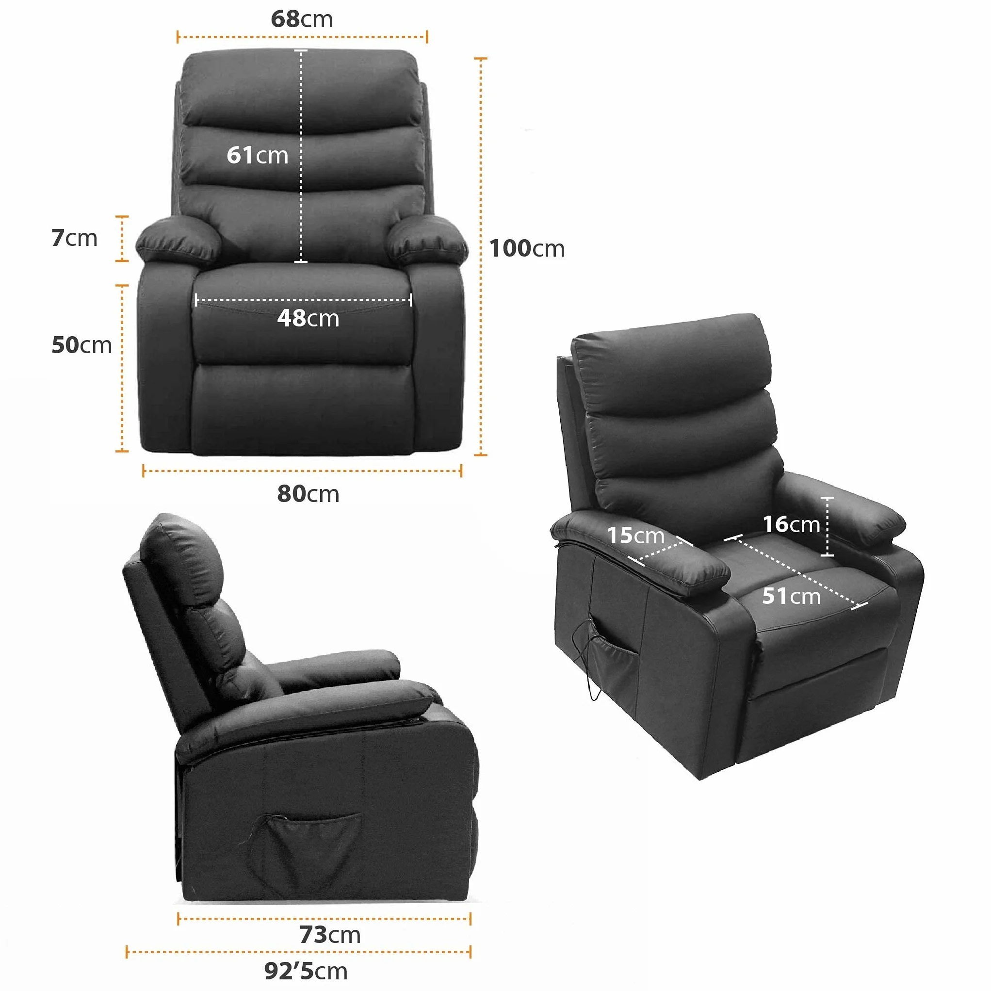 Sillón Relax Masaje Extra Acolchado Negro Reclinable 5 Modos Calor Lumbar 8 Motores Mando Control 4 Zonas Masaje Polipiel