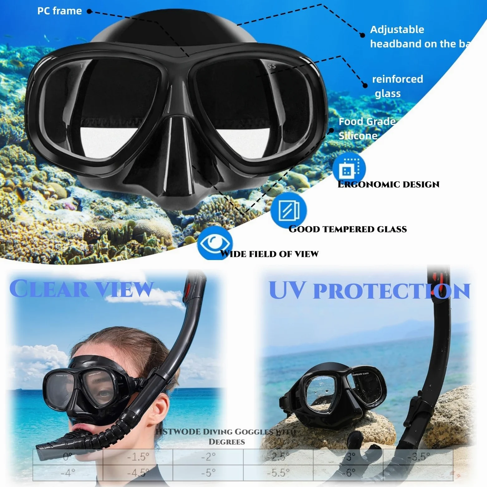 Juego de esnórquel con visión, dioptrías: 0 a -6, juego de buceo para adultos con gafas antivaho y tubo seco, set de esnórquel para adultos