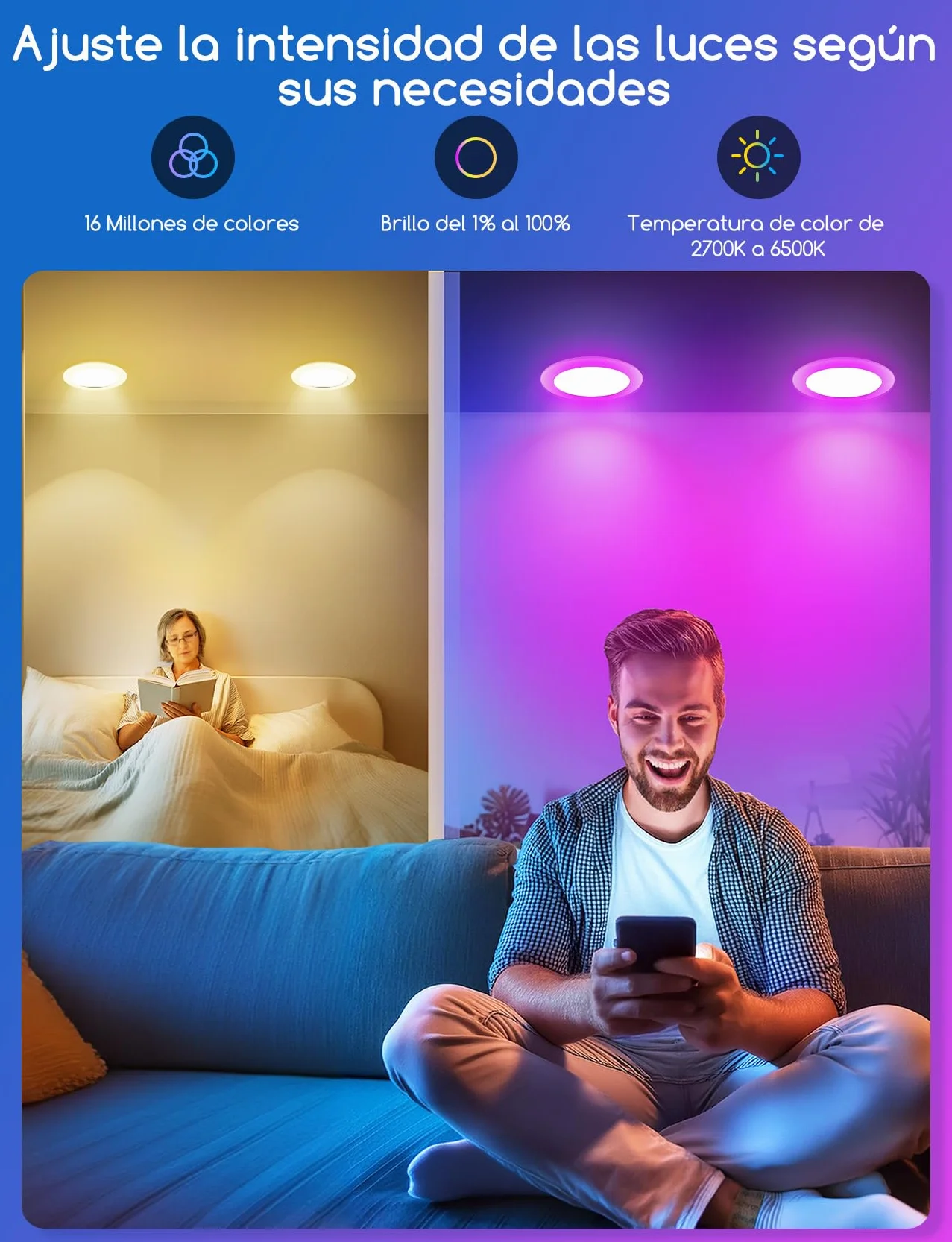 Aigostar 15W Downlight LED Inteligente Empotrable Bluetooth Mesh Compatible con Alexa, 1430LM RGB Blanco Regulable 2700-6500K, IP44, 4 Uds