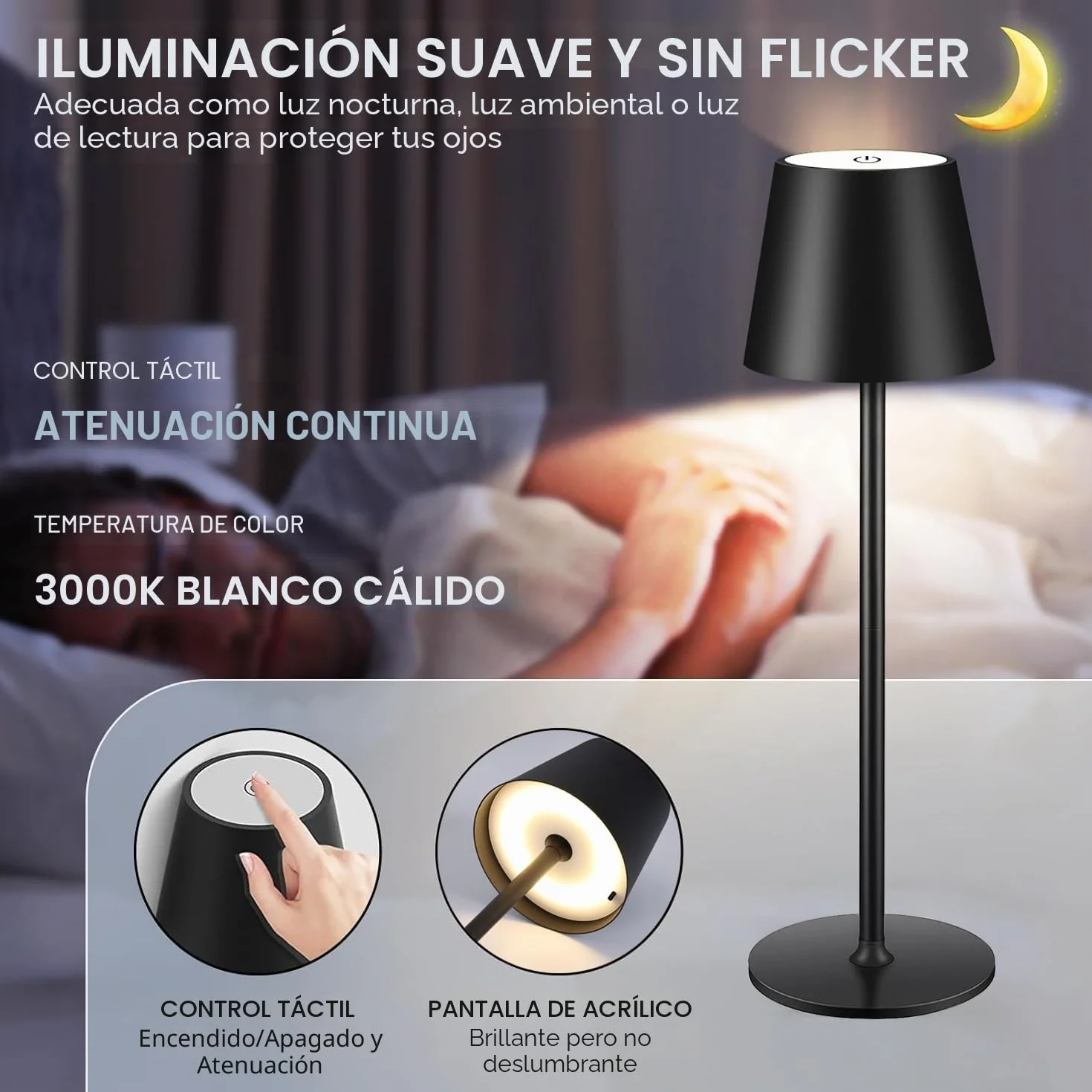 Lámpara de Mesa LED Recargable Inalámbrica con USB-C, IP44, 5600mAh, 5W, Negro