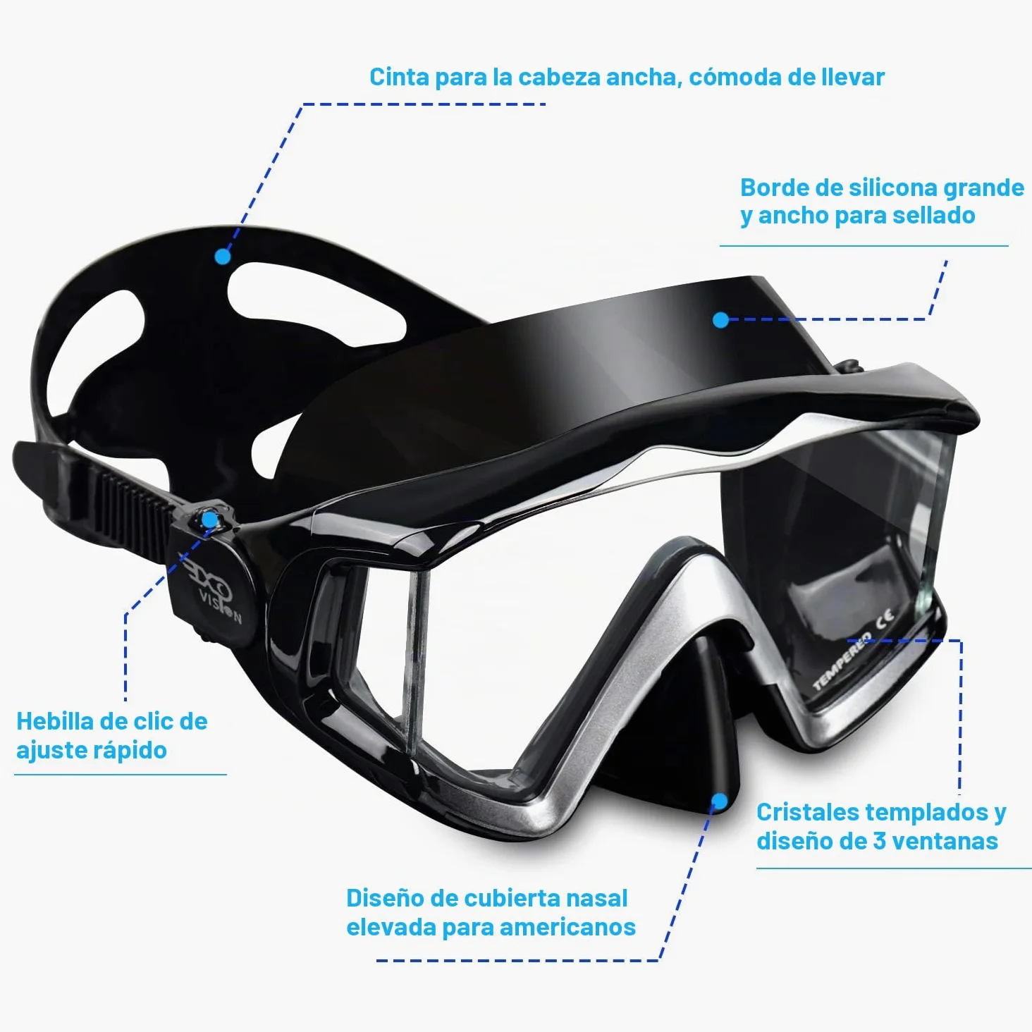 Pano - Máscara de buceo de 3 ventanas para adultos, máscara de esnórquel de vidrio templado, antivaho, gafas de natación sin fugas, con cubierta de nariz, equipo de esnórquel