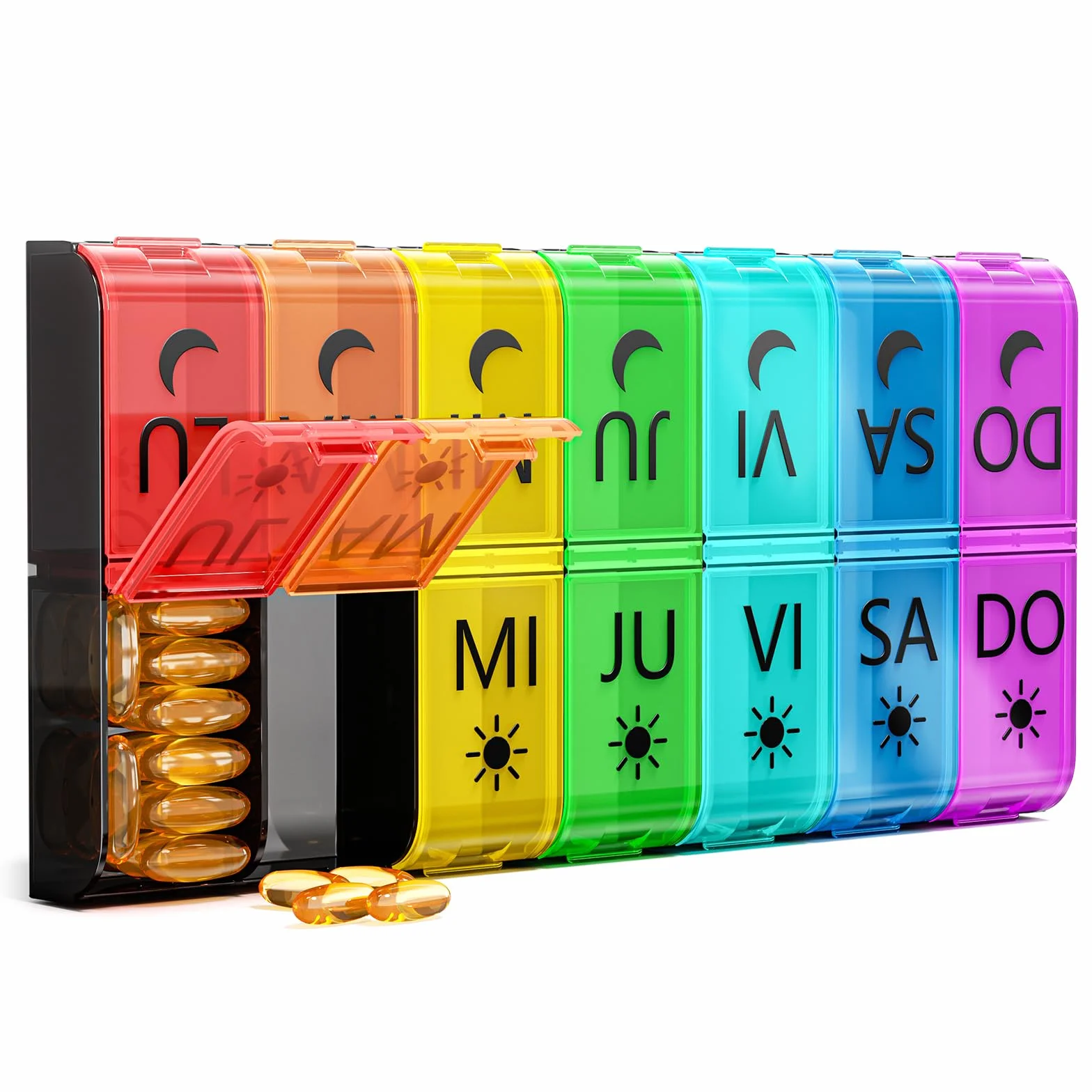 COLORWING Pastillero Semanal 2 Tomas Español, 14 Compartimentos XL, Organizador de Pastillas y Medicamentos