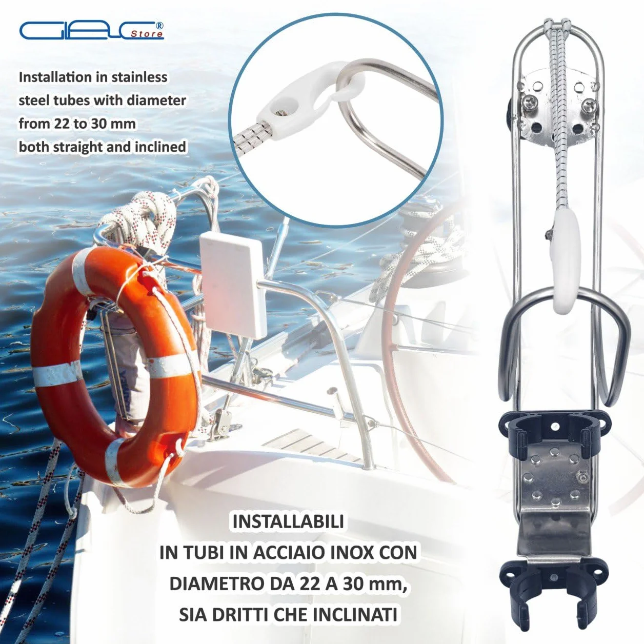 Soporte para flotador anular de acero inoxidable, 19,5 x 17 cm, para suelo o tubos de 22-30 mm, con soporte Boetta