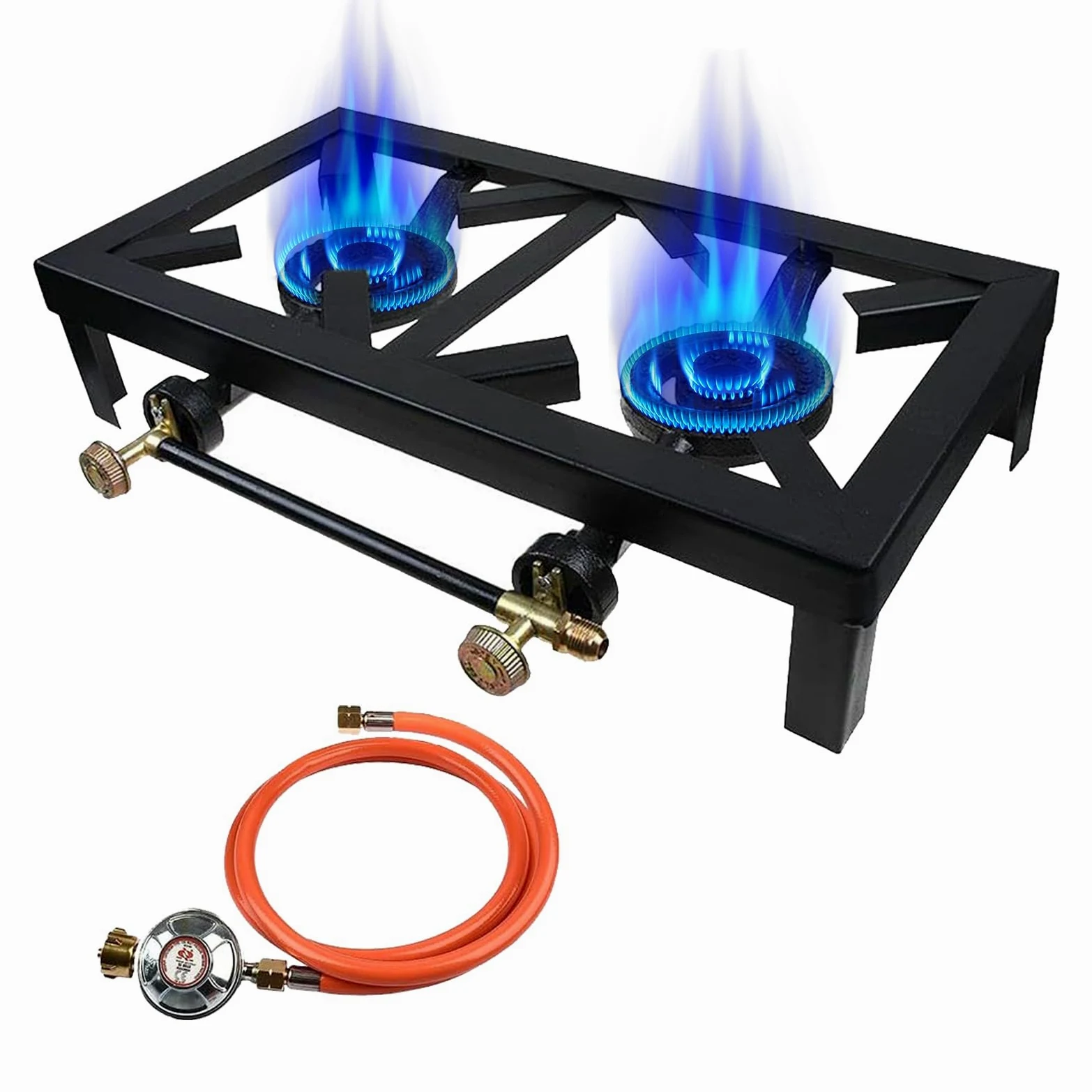 Hornillo de gas de 8 kW, hornillo de gas de 2 fuegos, incluye manguera de 1,2 m y regulador de presión de 50 mbar, hornillo de camping con 2 fuegos para camping al aire libre