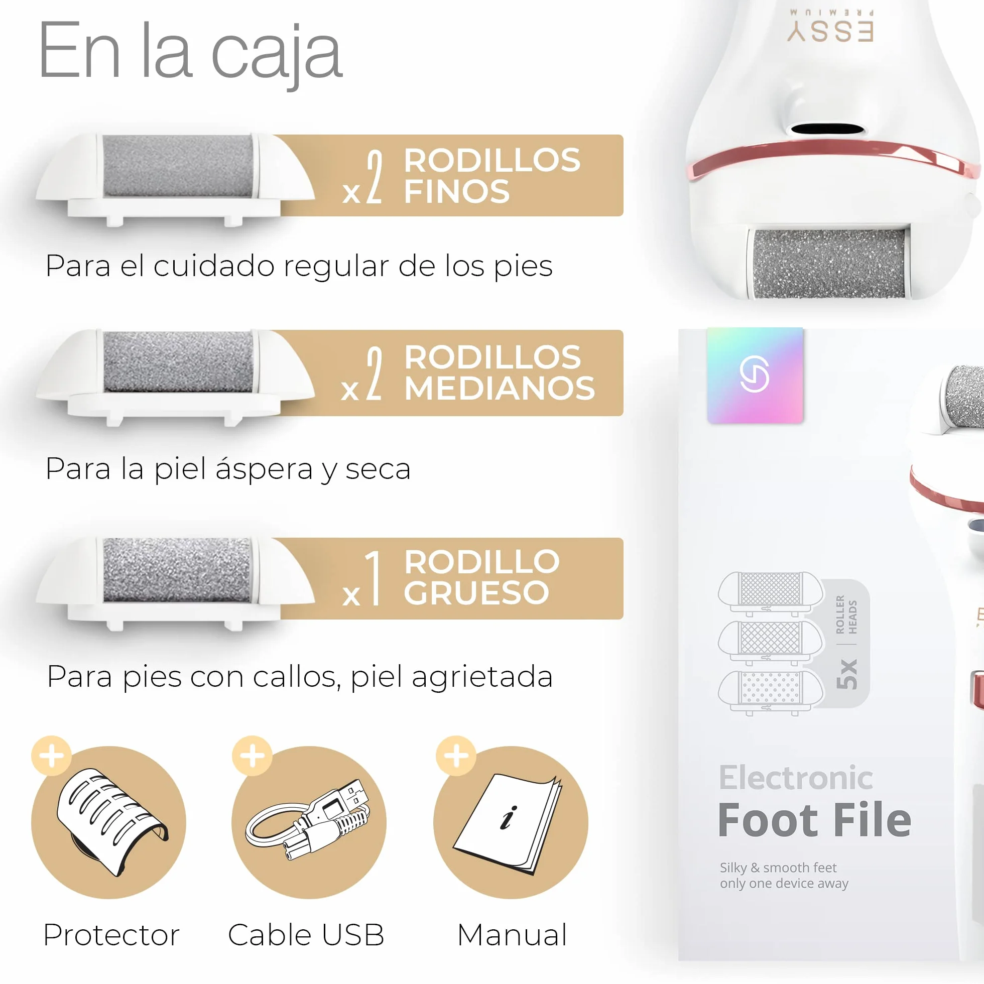 Lima Eléctrica para Pies con 5 Rodillos de Repuesto – Removedor de Callos Recargable, 2 Velocidades, Pantalla LED, Carga USB, Kit de Pedicura Blanco