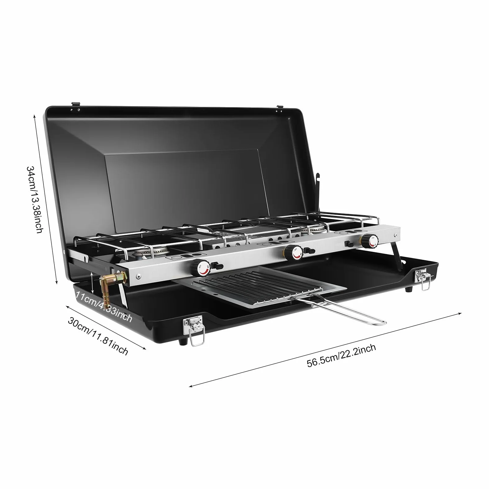 Hornillo de camping de gas de 4500 W, cocina portátil plegable de 3 quemadores, hornillo de camping, parrillas de camping, protección contra el viento, cierres estables, botones giratorios