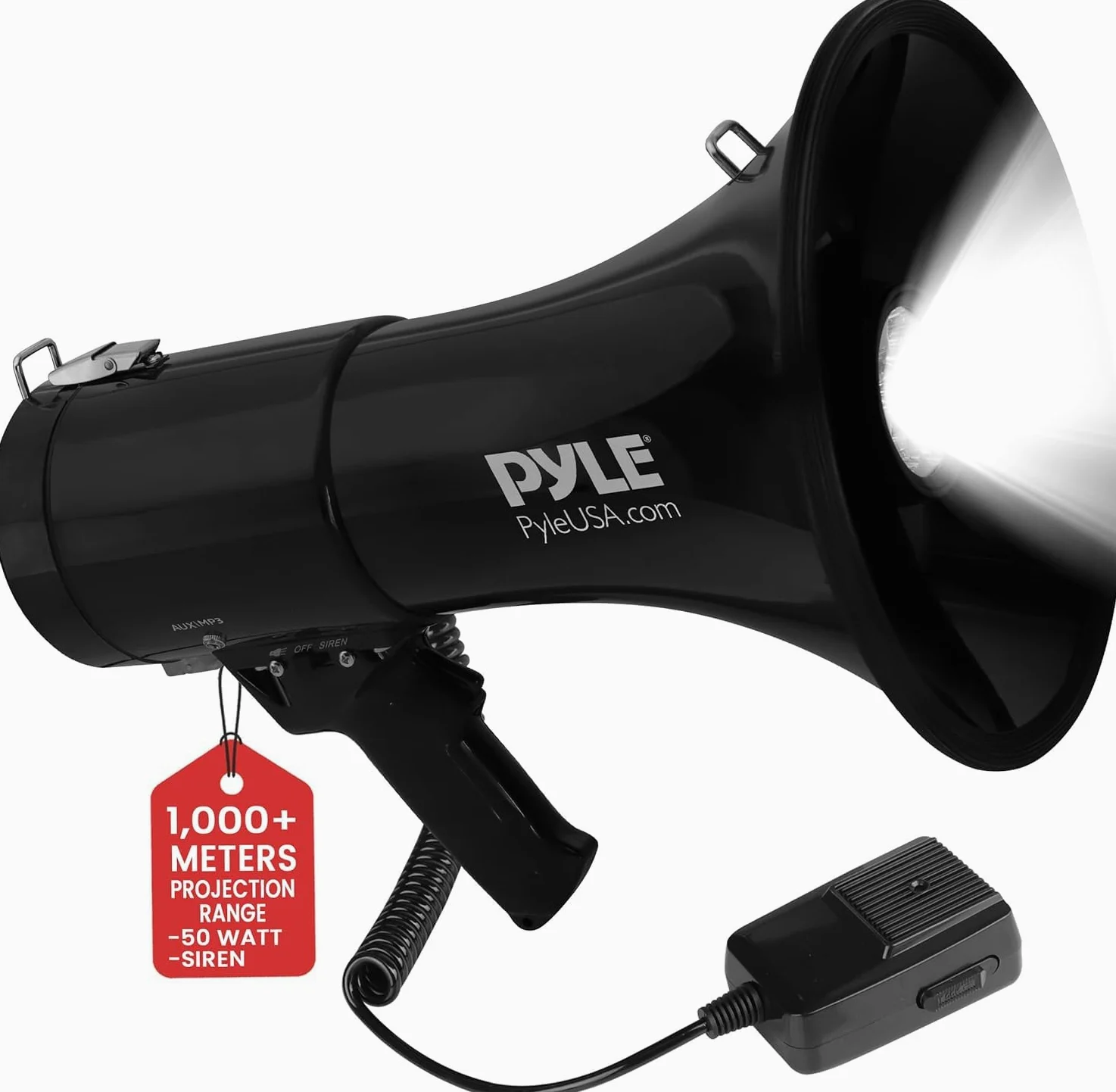 Pyle Altavoz megáfono PA Compacto portátil, megáfono Recargable de 50 W con Sirena, Volumen Ajustable, Altavoz de Mano Ligero, para Entrenadores, árbitros y Salvavidas