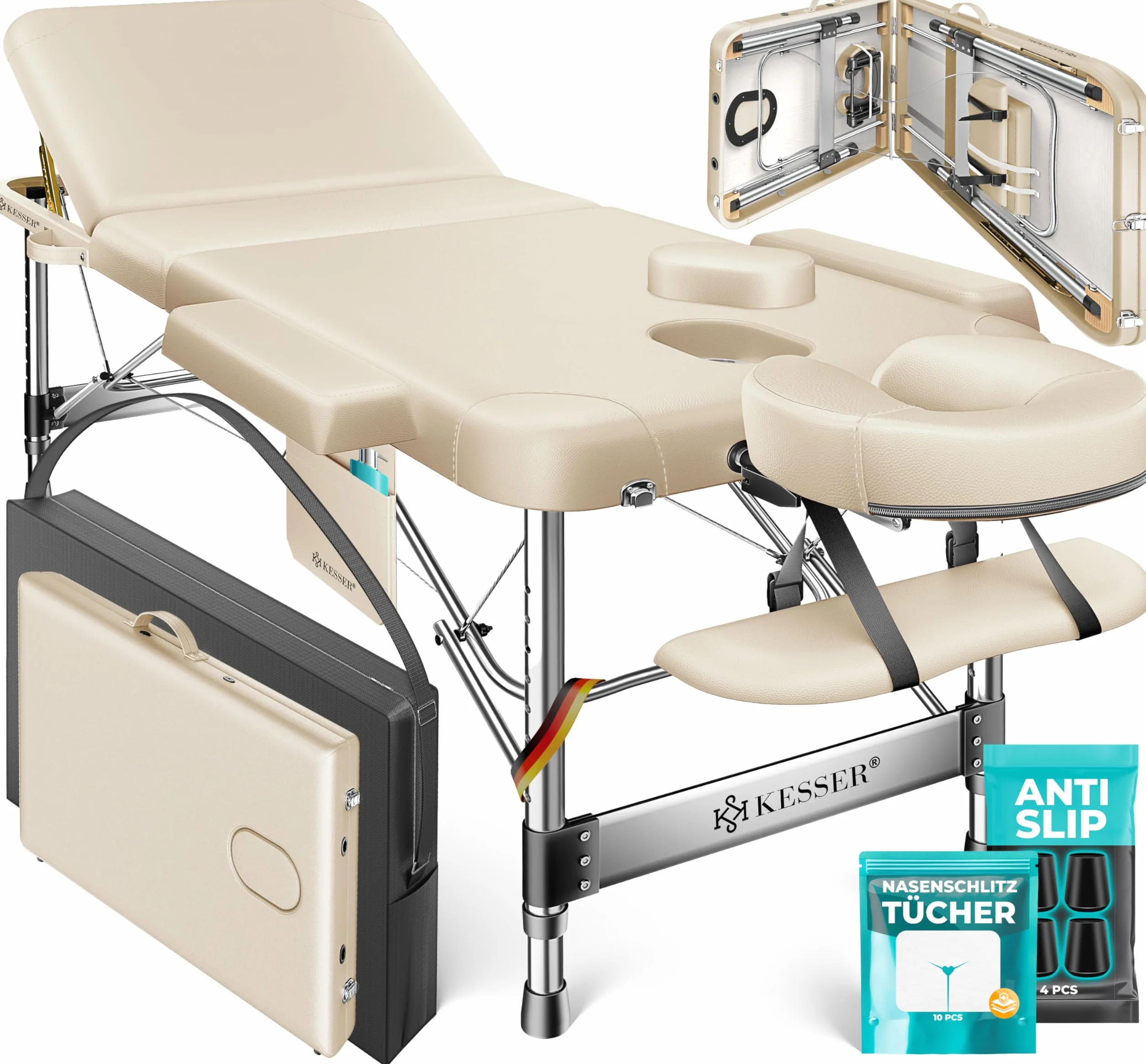 KESSER Camilla de Masaje Plegable Ajustable en Altura 3 Zonas Aluminio + Reposacabezas