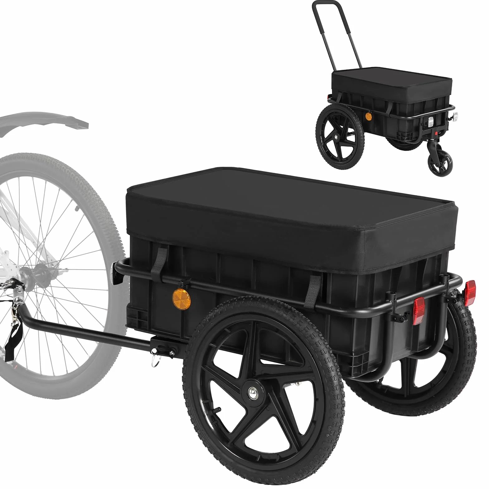 SEPNINE 2 en 1 Remolque de Bicicleta, Remolque de Carga con Enganche, Carro de Mano con Barra de Empuje, Marco de Hierro, Neumáticos de 40 cm, Capacidad de Carga de 40 kg