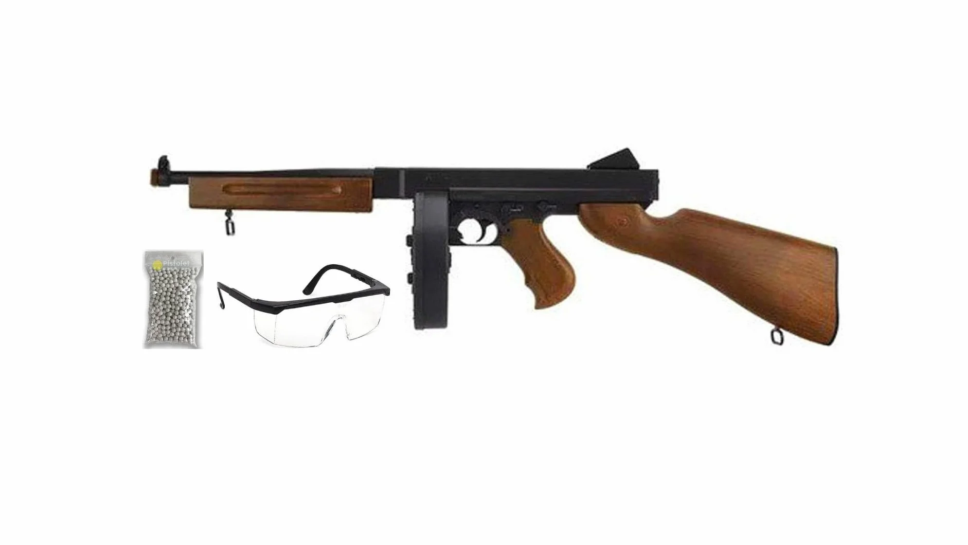 Embalaje Rifle de Airsoft Modelo D98 Estilo Chicago/Modelo eléctrico/Colores: Negro y Madera/Materiales: plástico de Alta Resistencia/Potencia 0,5 Julios/Se suministra con Accesorios