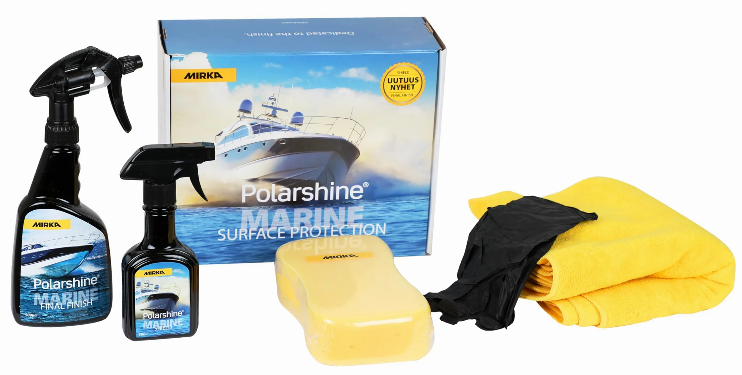Mirka Polarshine Marine Kit/Polarshine Final Finish Agente Limpiador 500 ml, Polarshine Marine Shield Recubrimiento Cerámico 250 ml, Esponja, Paños de Microfibra, Guantes Protectores