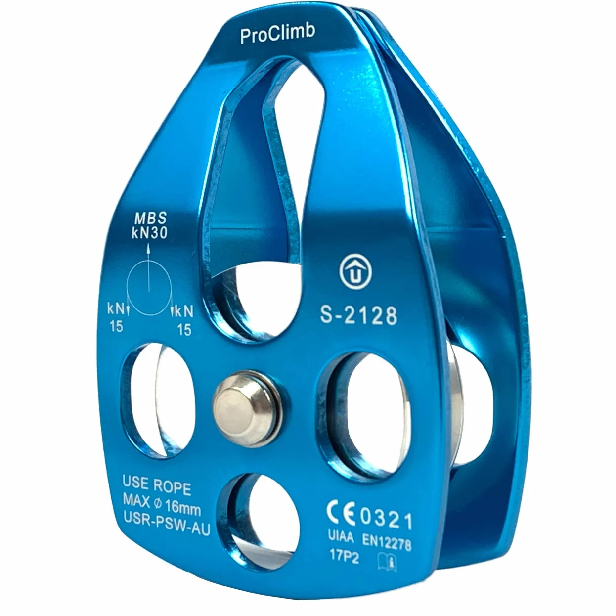 Polea de cuerda de aluminio de 30 kN con placa oscilante, certificado CE/UIAA, polea individual (azul) - Cuerda de 5/8 pulgadas