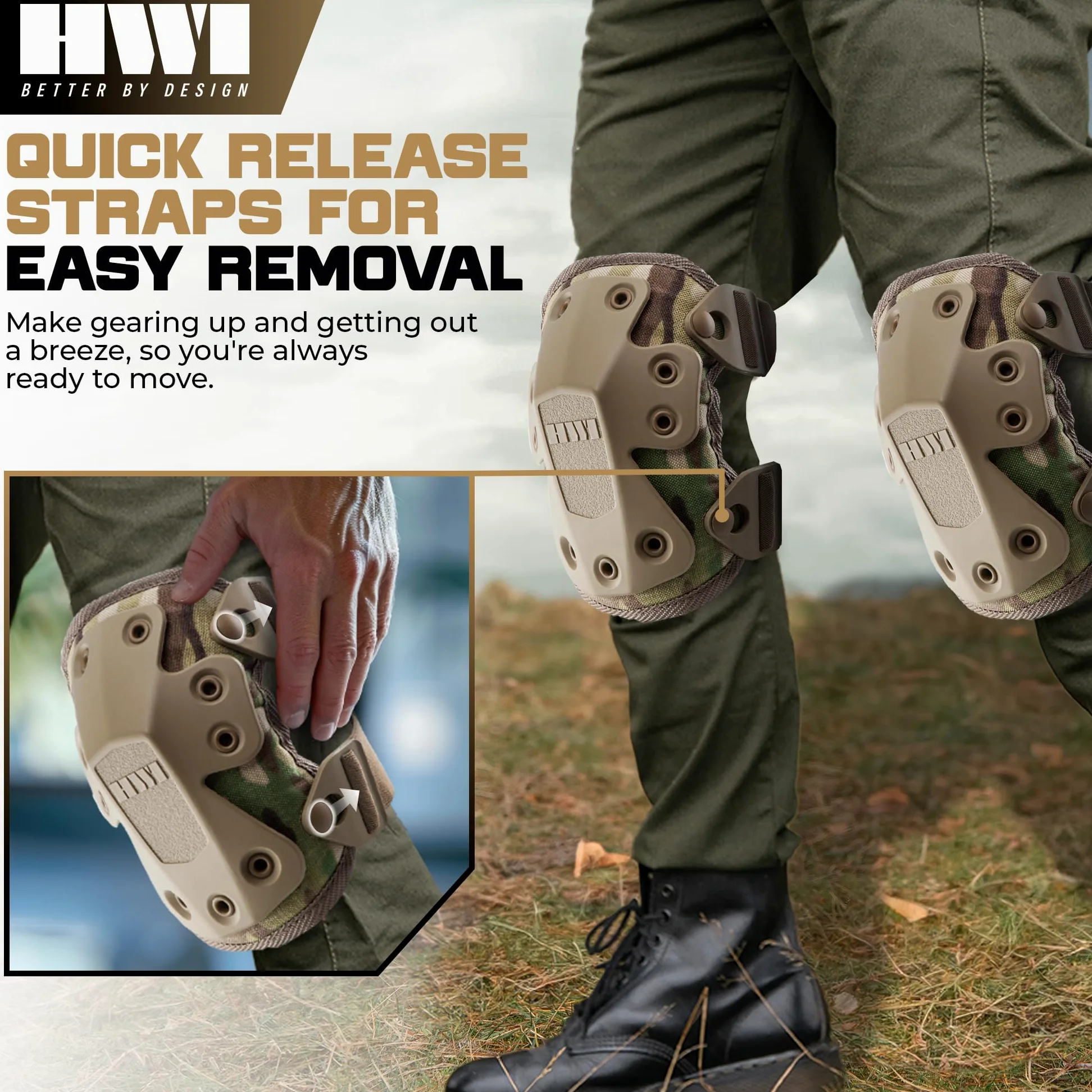 HWI Gear Rodilleras de última generación para protección: combate, mecánico, construcción, caza, paisajismo, supervivencia al aire libre, resistente, calidad industrial, ajustable
