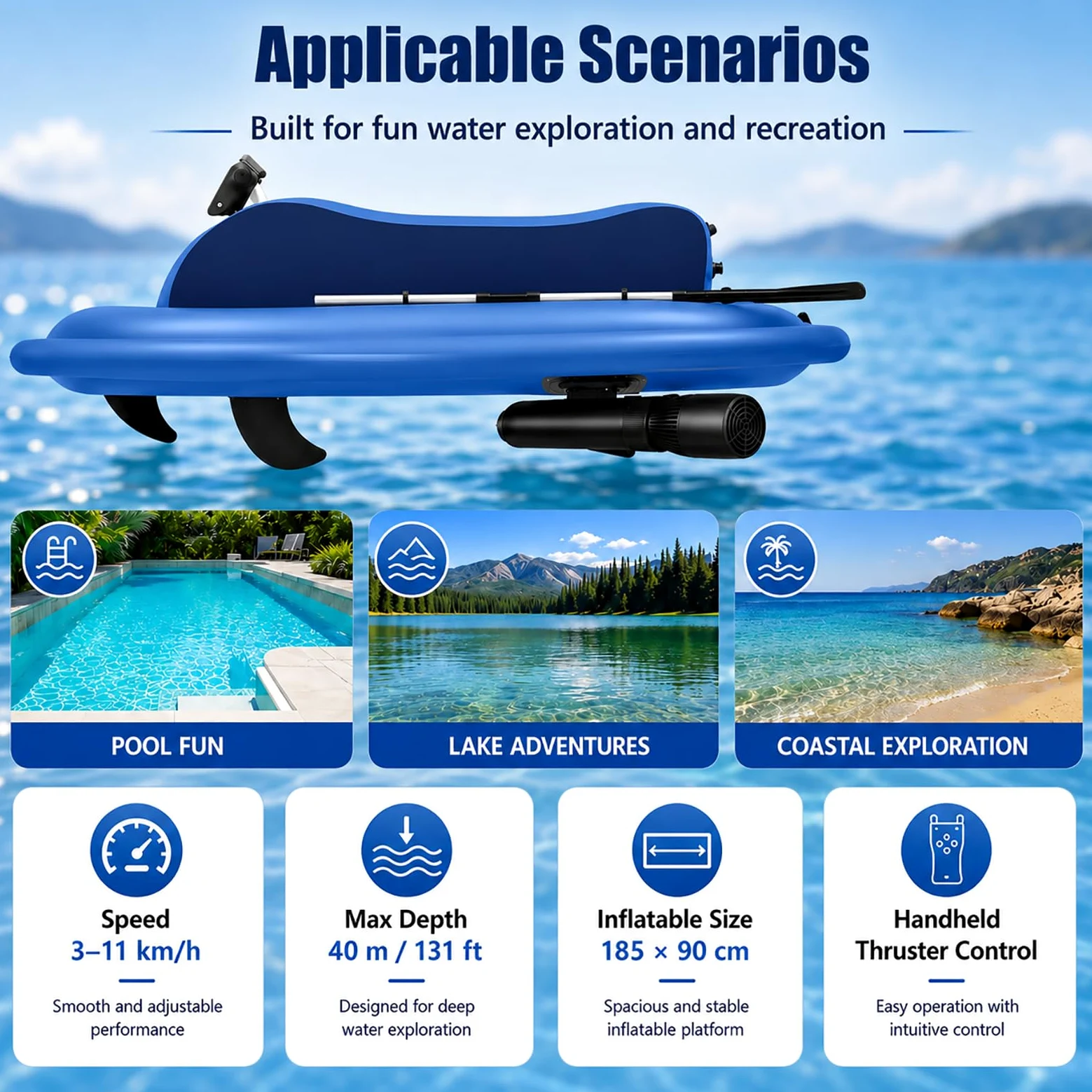 Barco Surf eléctrico Rush Wave y Moto acuática Inflable, Patinete acuático con Motor 500W/700W, lancha Jet Plegable Carga 330 Libras for Piscina, Lago y océano