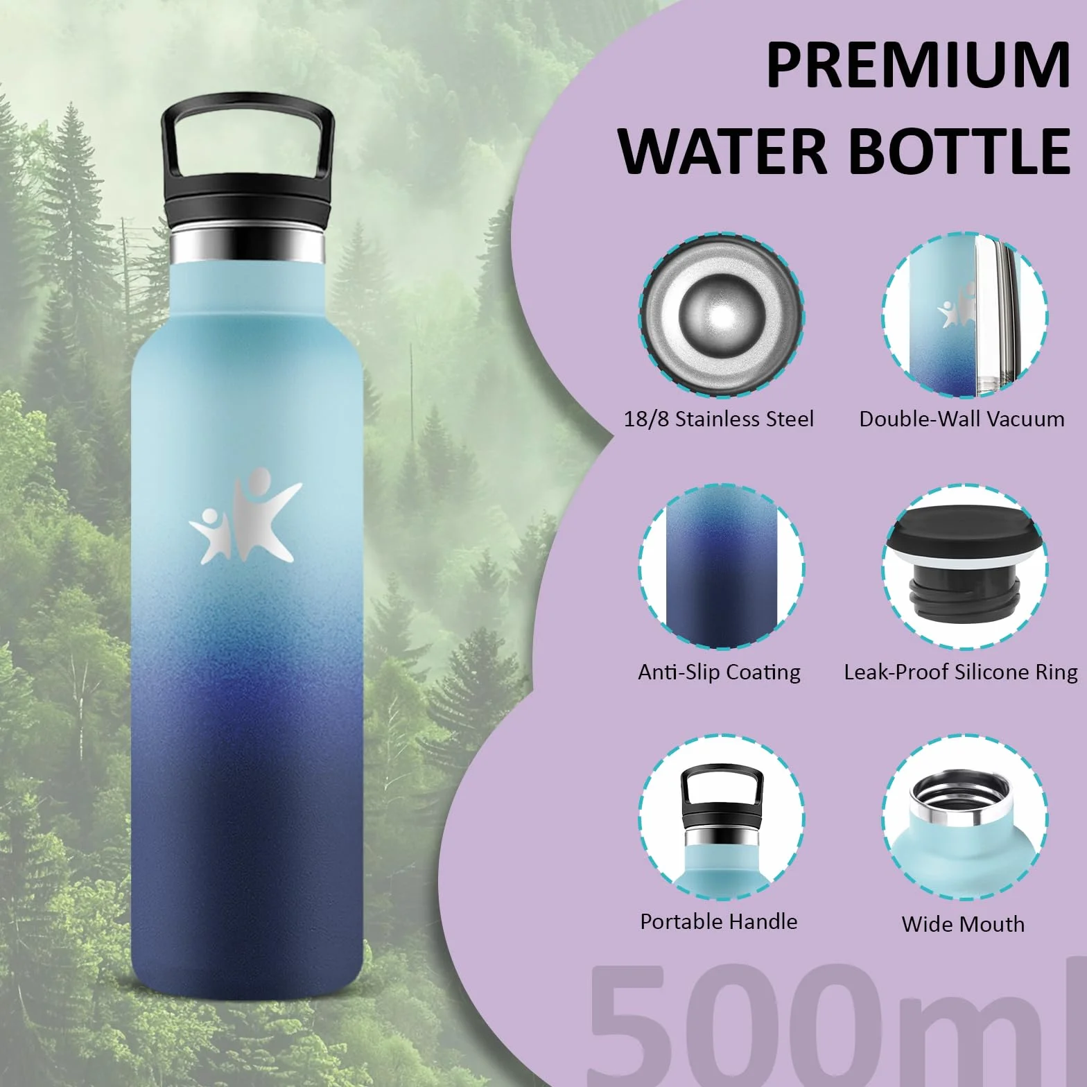 Grsta Botella Agua Acero Inoxidable, Botella Termica 500ml, A Prueba de Fugas, Cantimplora con Pajita, Mantiene 24H Frio/12H Calor, Cantimplora Infantil, Termo para la Oficina, Cámping, Yoga, Escuela