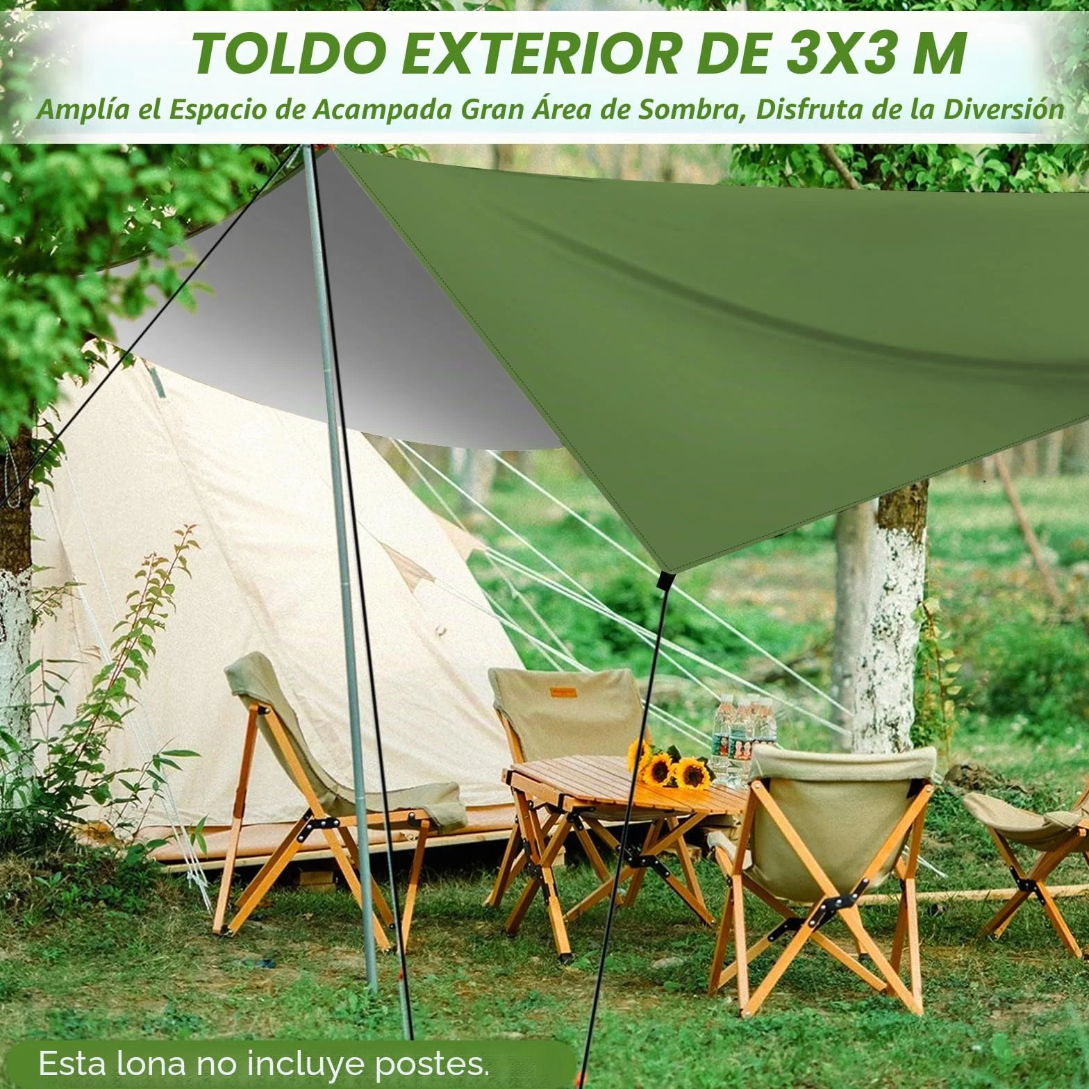 Toldo de Refugio Impermeable 3X3M,Ultraligero y Portátil Toldo Camping, Tienda de Campaña Hamaca Protección UV Anti Desgarro, Ideal para Acampar Senderismo Picnic al Aire Libre, Verde