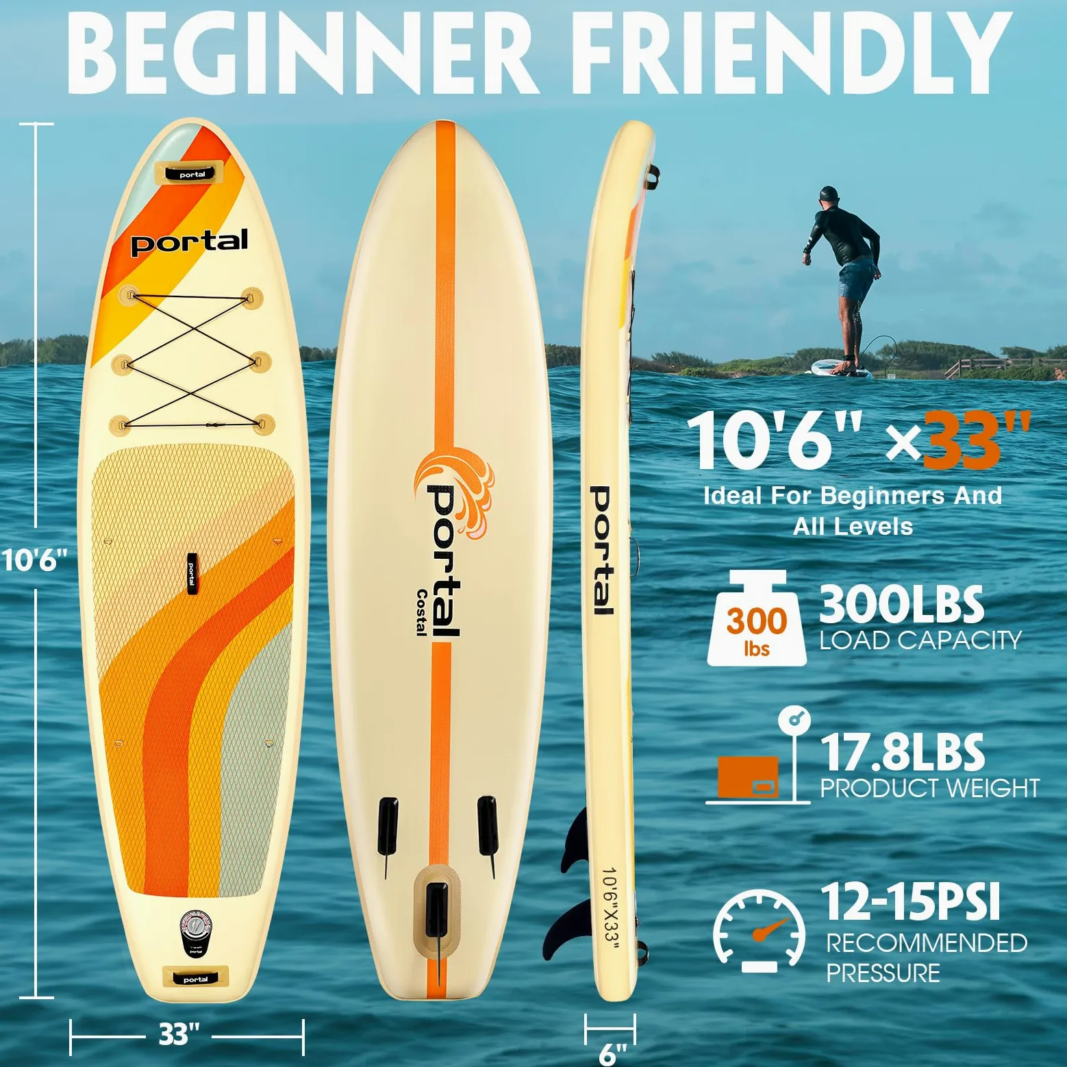 Portal Tabla de Remo de pie, Tablas de Remo inflables de 10 pies 6 x 33 x 6 Pulgadas con Accesorios de Sup Que Incluyen Bolsa de Transporte, Bomba de Mano, Remo, Correa, Aleta, Kit de reparación,