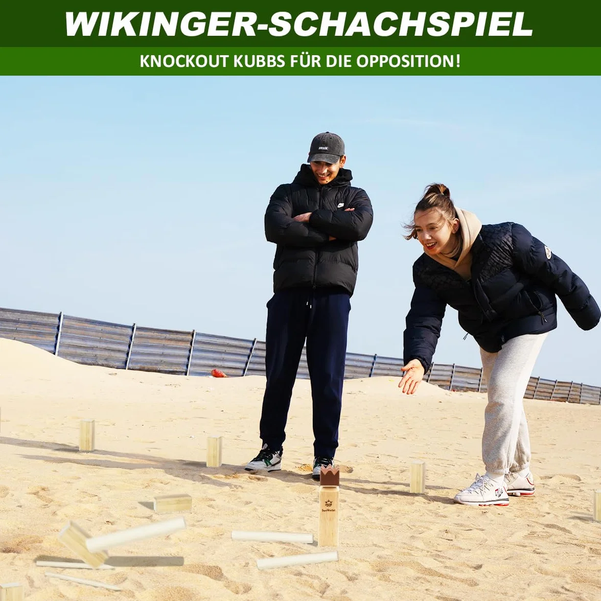 SunNordic Kubb Juego de Lanzamiento Vikingo, Juego de ajedrez Sueco Hecho de Madera de Caucho de, Incluye Bolsa de Lona e Instrucciones de Juego, Juego Robusto de Kubb Yard para niños y