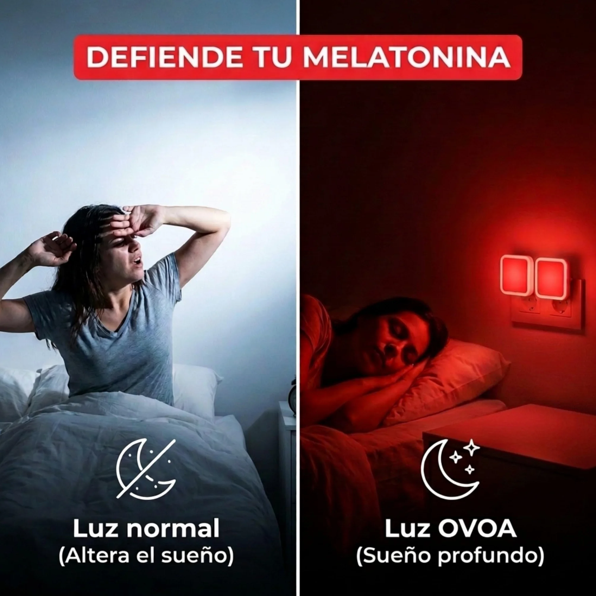 Luz Roja Nocturna Enchufable Pack de 2 Antiflicker para Dormir Mejor