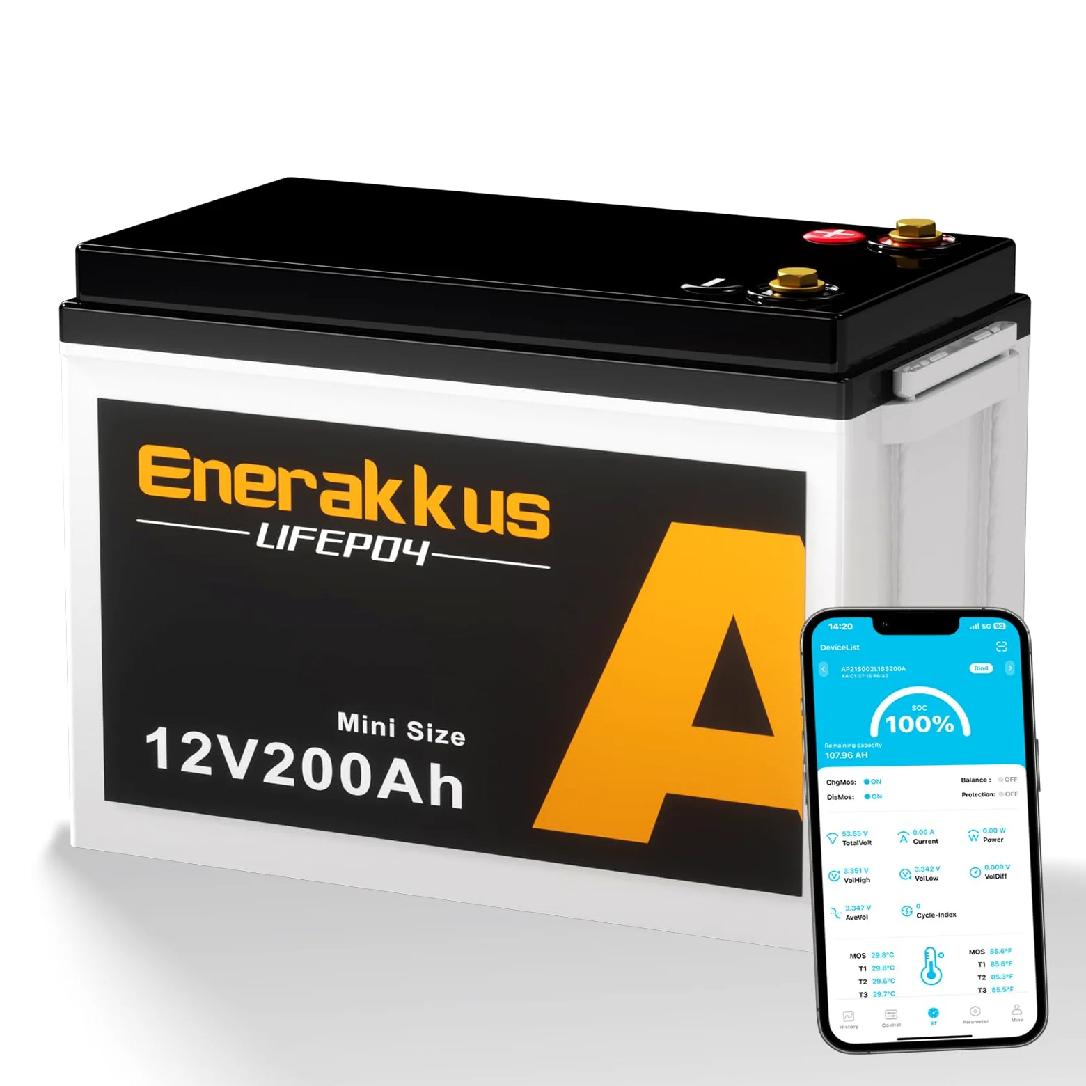 Batería de litio Enerakkus 12V 200AH LiFePO4 de tamaño mini, batería Bluetooth de 2560Wh, BMS de 200Ah con protección contra bajas temperaturas, para autocaravanas, sistemas solares, barcos y camping.