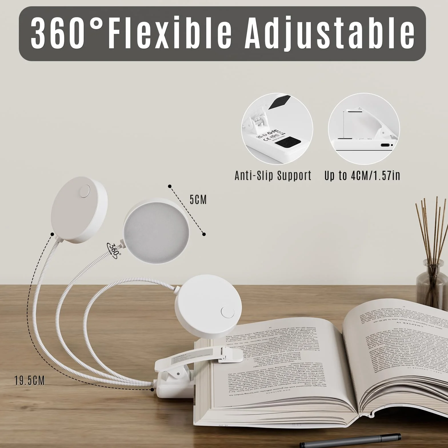 LQWELL 31 LED Luz de Lectura Recargable USB, 3 Temperaturas de Color, Atenuación Continua, Ángulo Flexible 360° Blanco