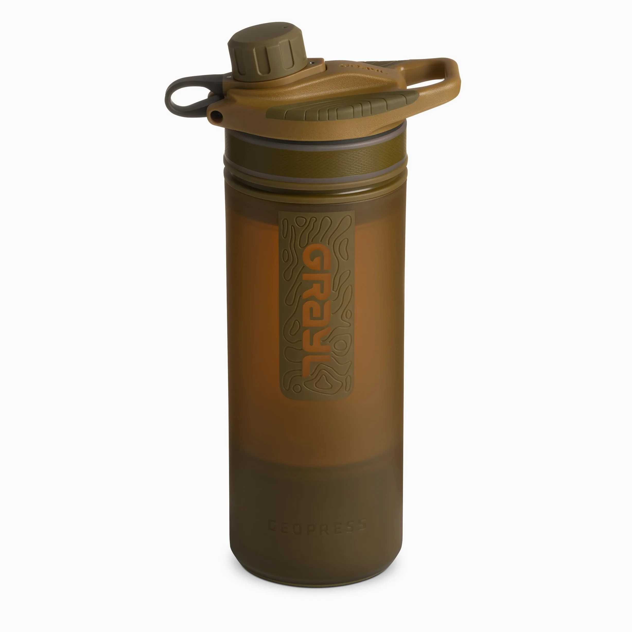 Botella purificadora de agua GRAYL GeoPress de 24 oz - Filtro para senderismo, camping, supervivencia, viajes (Marrón Coyote)