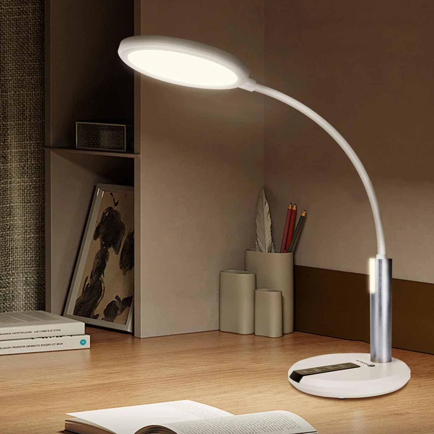 Aigostar Flexo Lampara Escritorio LED Ajuste Flexible 360° 3 Brillo Temperatura Color Memoria Blanco